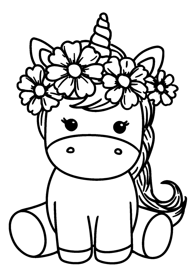 40 Unicorn Coloring Pages (Free Printable PDFs) Baby Unicorn Wearing a Crown of Daisies coloring page