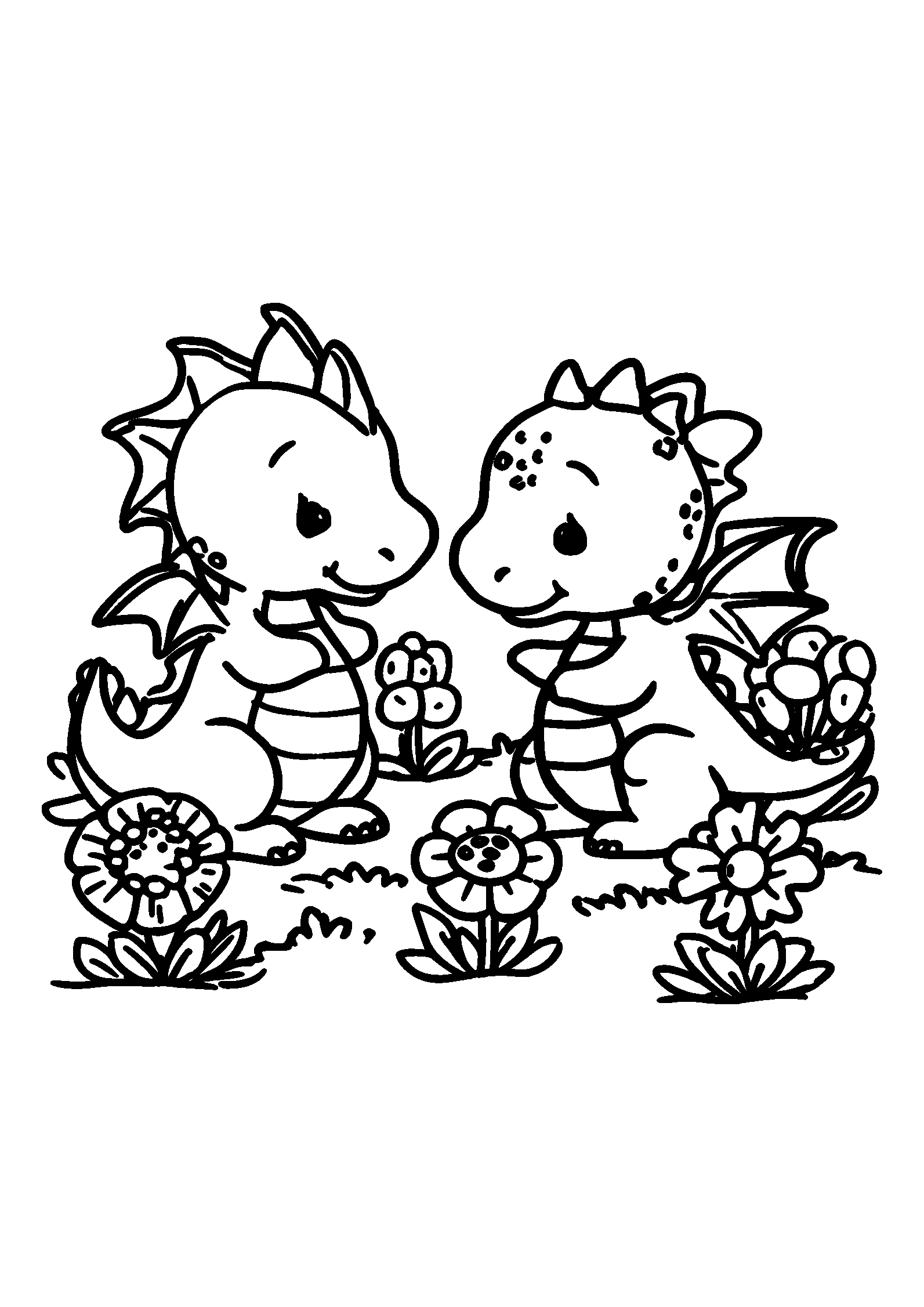 Baby Dragons Playing in a Flower Garden coloring page