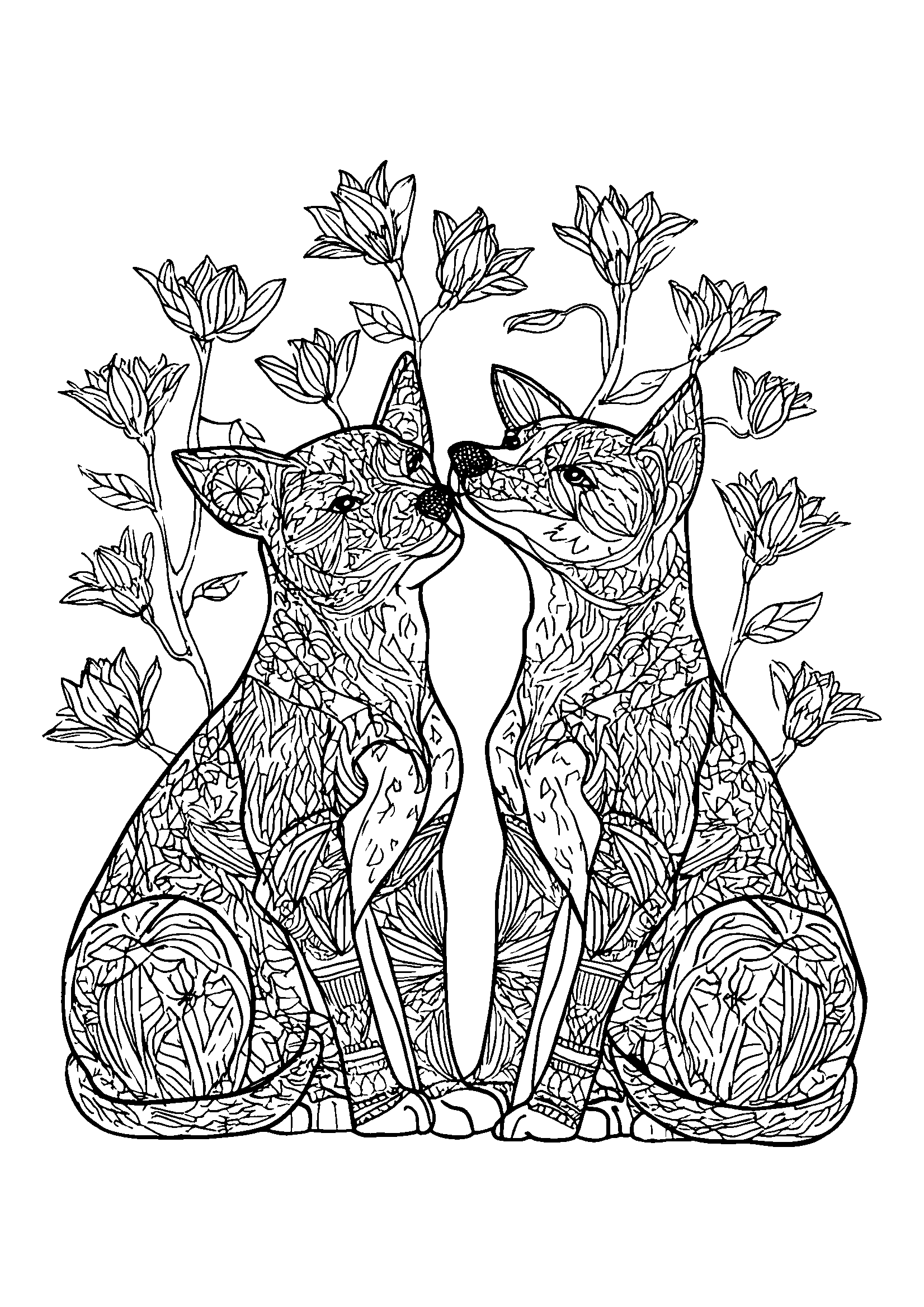 Beagles Sniffing Flowers in a Garden coloring page