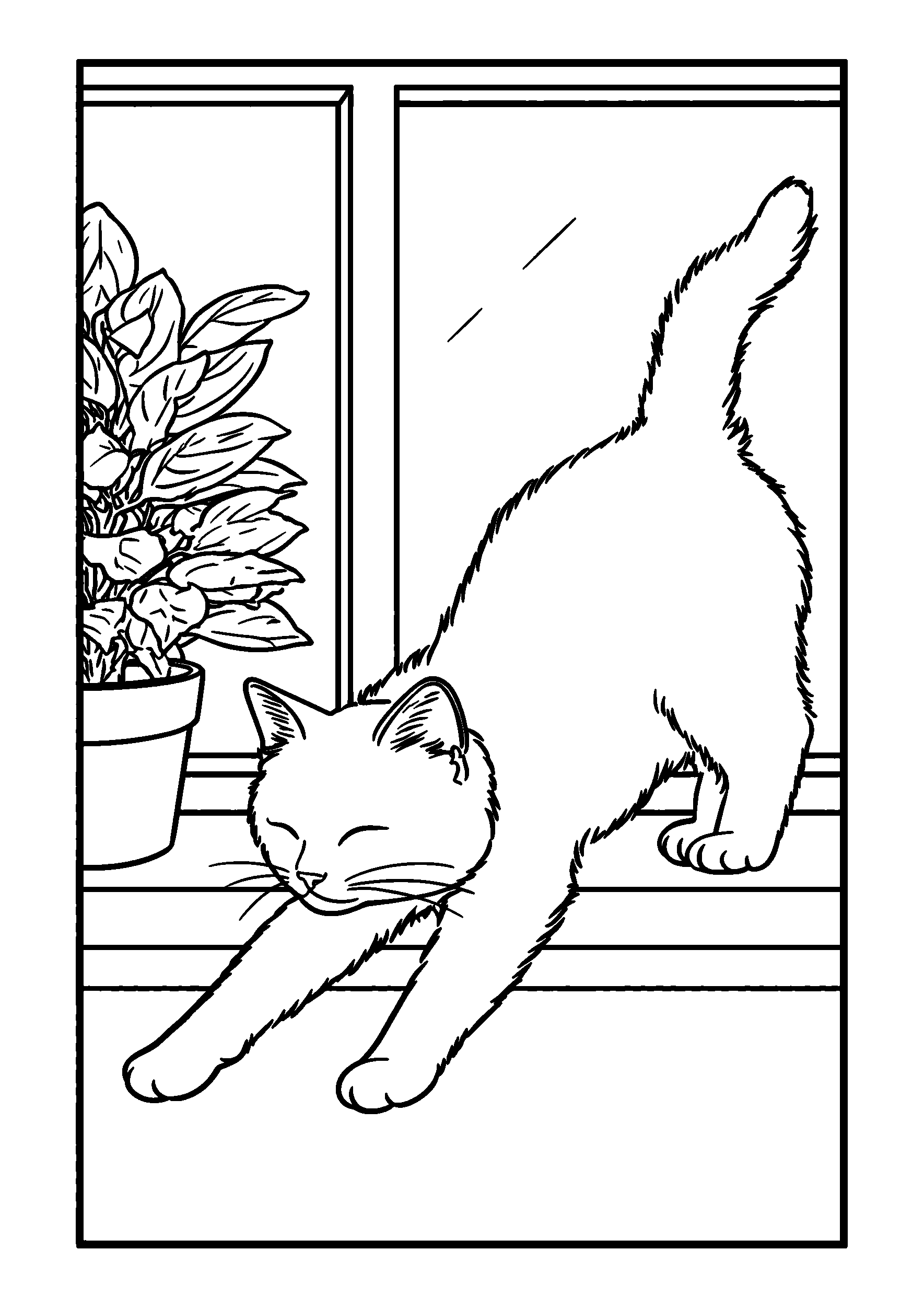 Cat Stretching on a Windowsill beside a Potted Plant coloring page