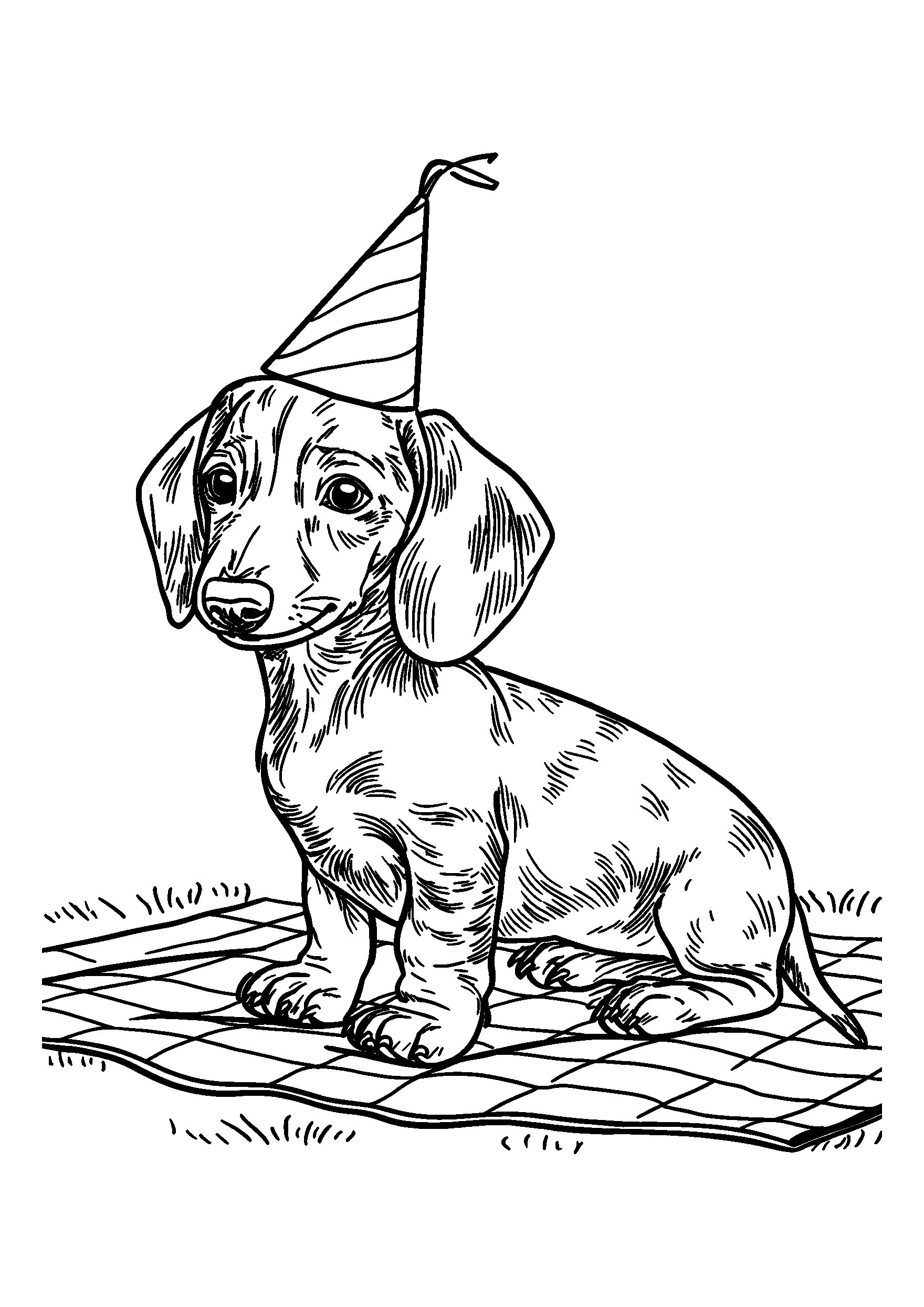 Dachshund Wearing a Party Hat Sitting on a Picnic Blanket coloring page