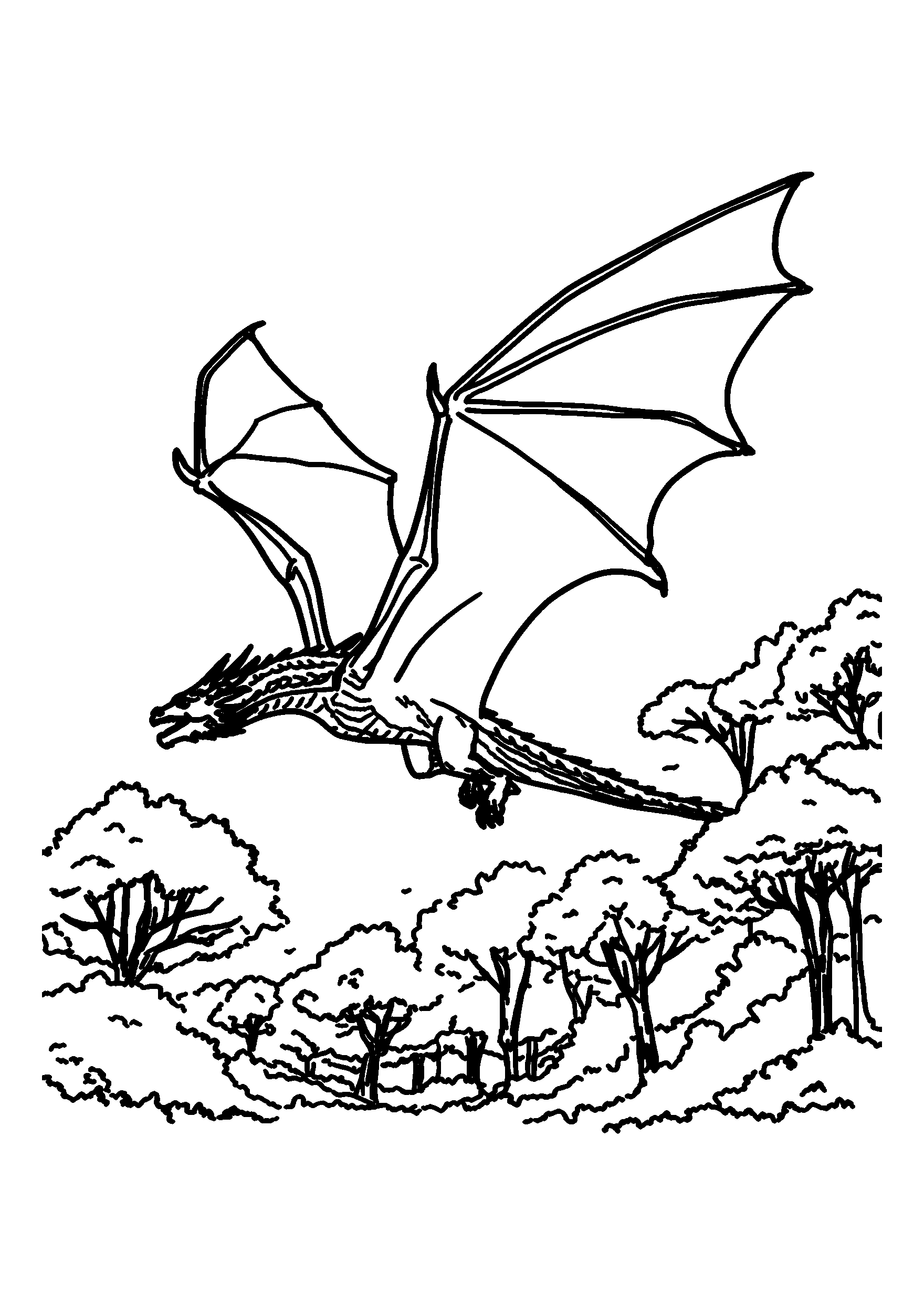 Majestic Dragon Soaring over a Dense Forest coloring page