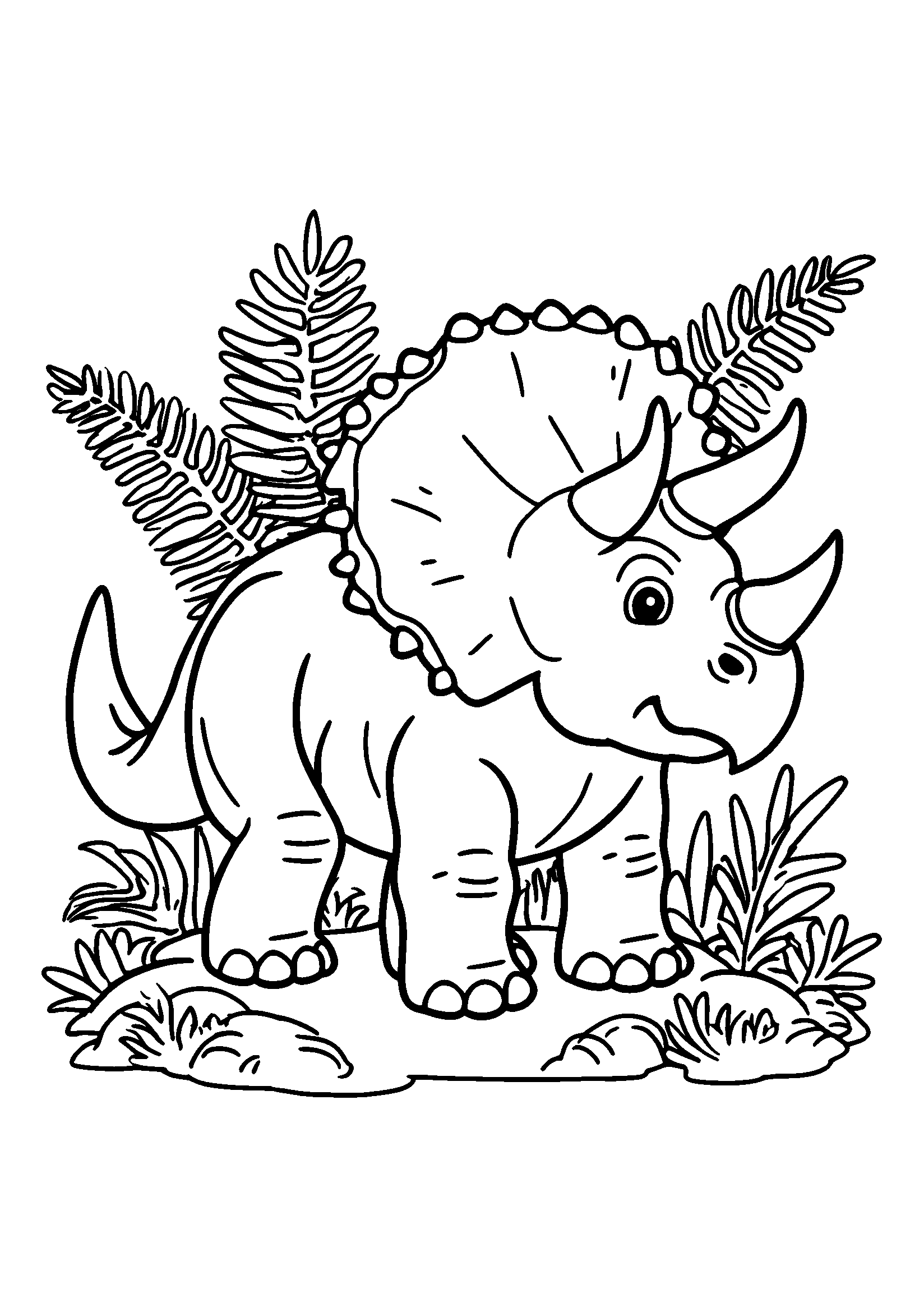 Triceratops Standing in a Fern Clearing coloring page