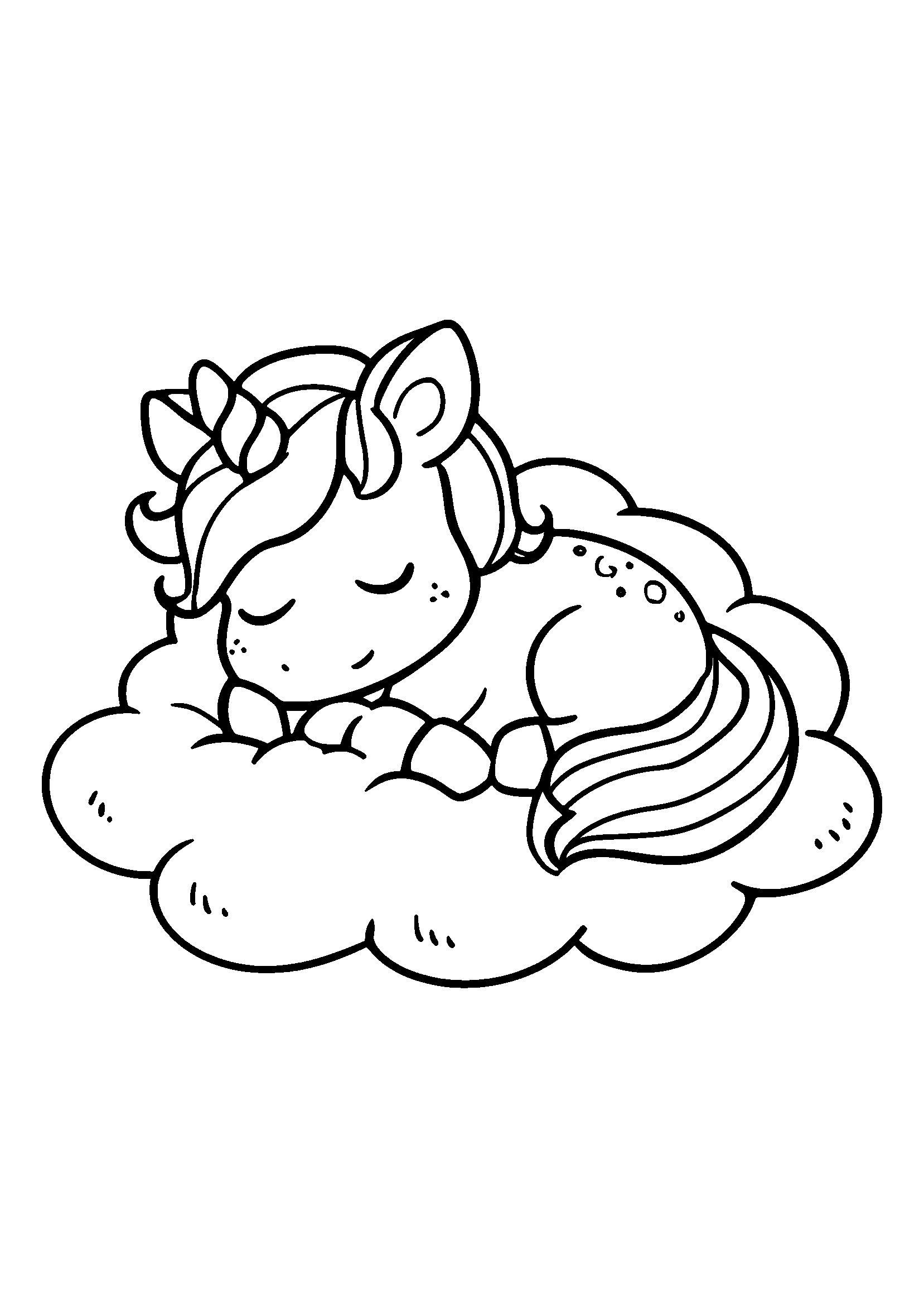 Unicorn Curled Up Asleep on a Fluffy Cloud coloring page