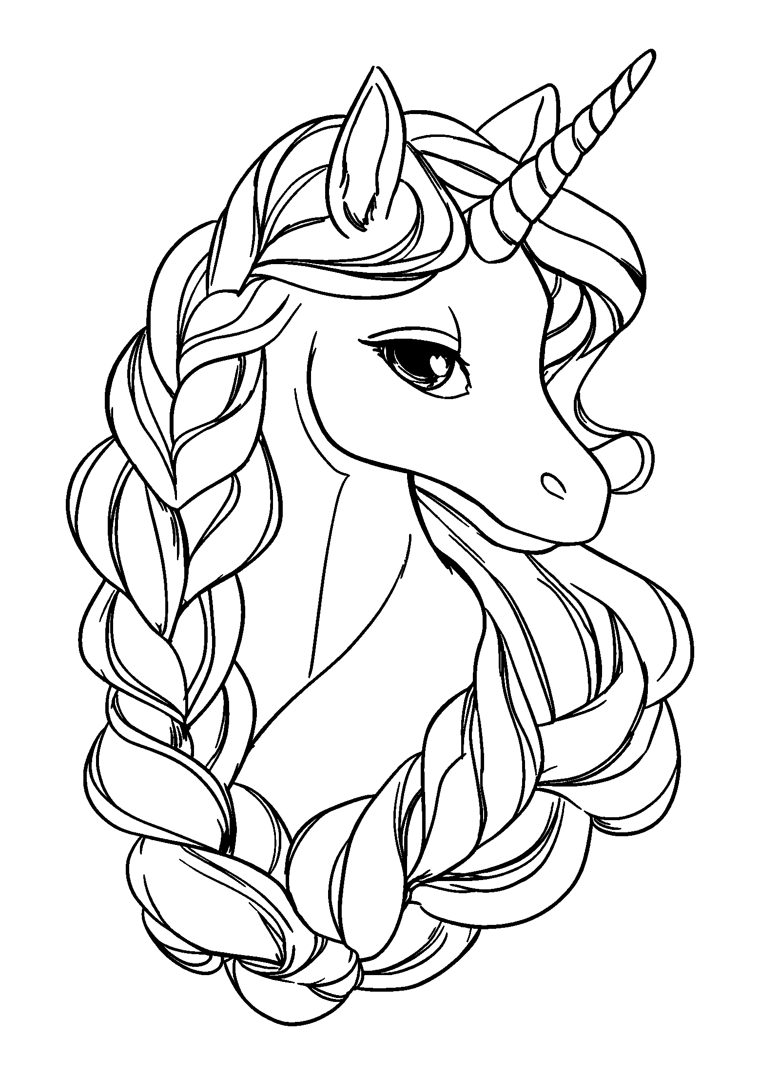 Unicorn Head Portrait with a Long Flowing Braided Mane coloring page