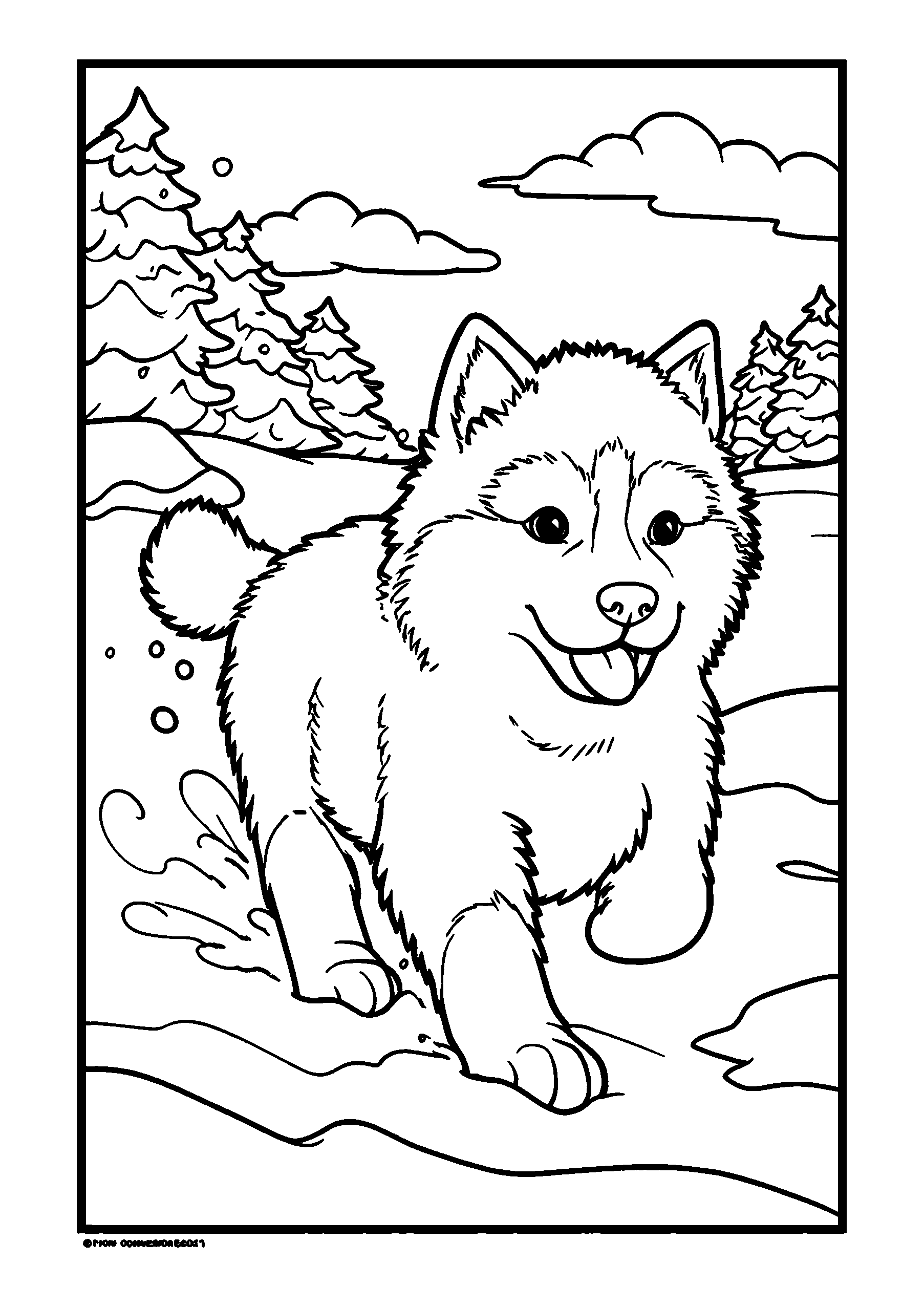 Fluffy Husky Puppy Running Through a Snowy Landscape coloring page