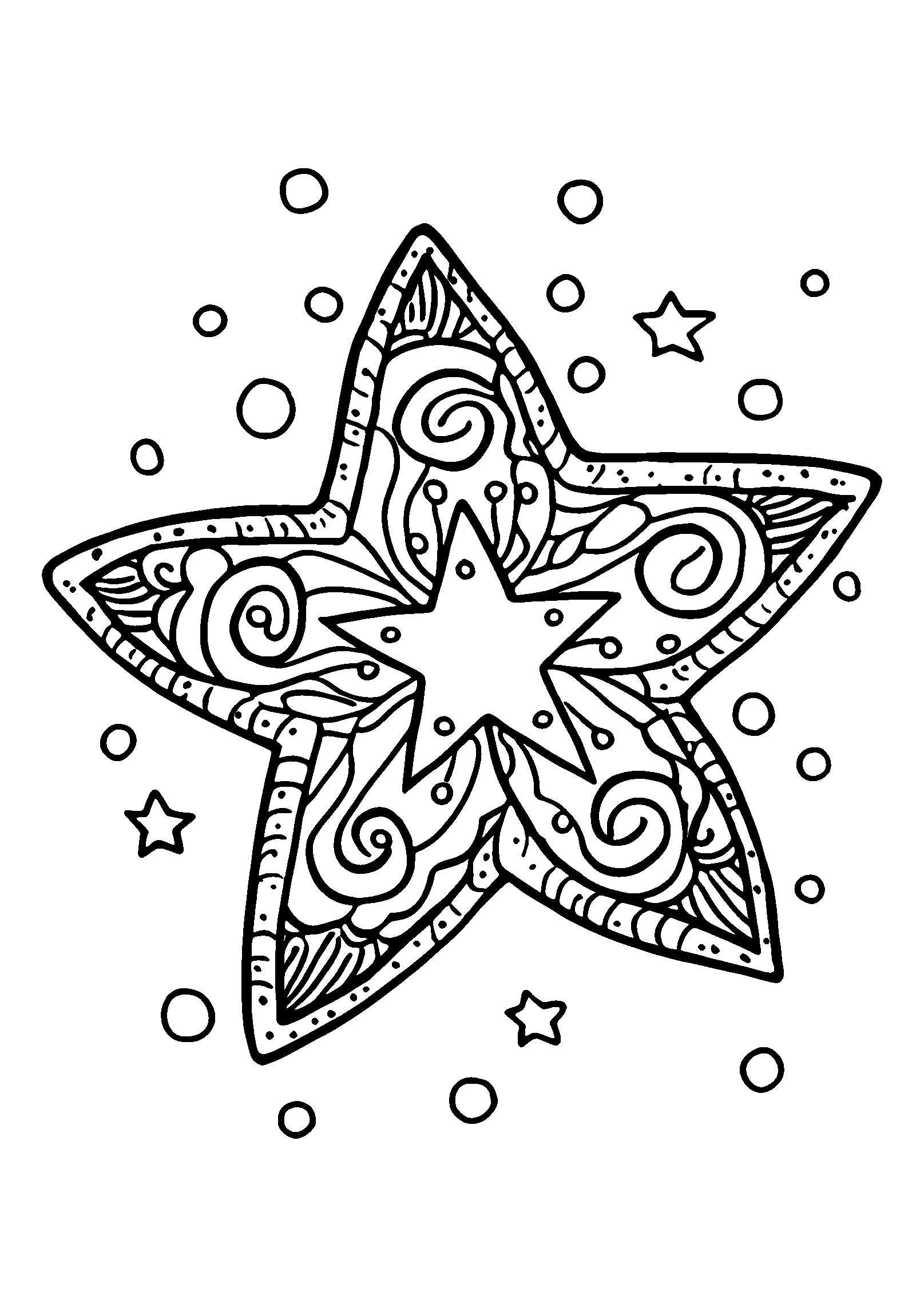 Star-shaped Mandala Surrounded by Swirls and Dots coloring page