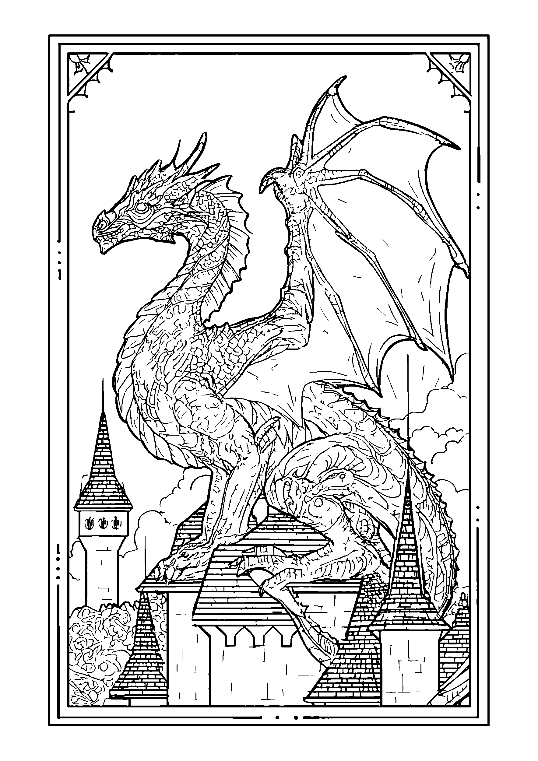 Dragon Resting on a Castle Rooftop at Sunset coloring page