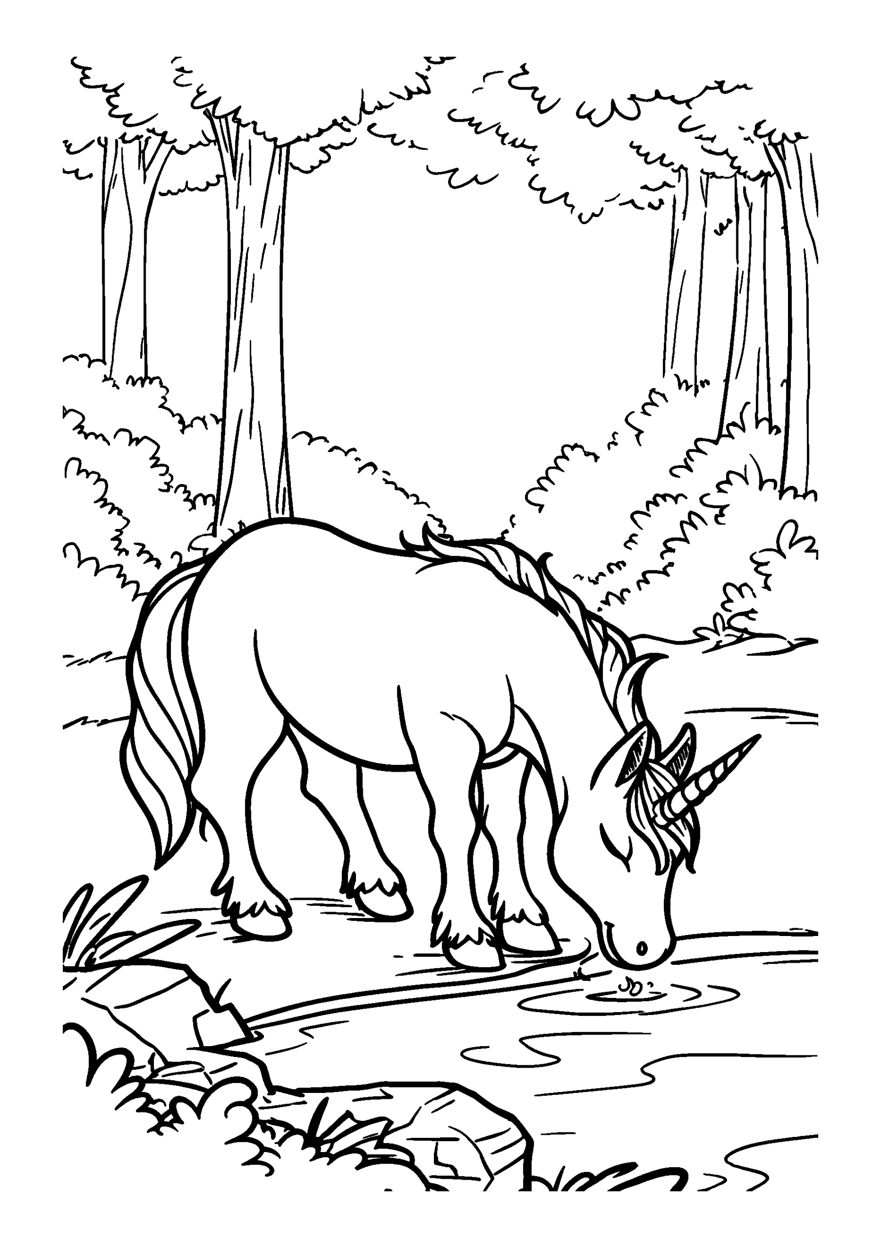 Unicorn Drinking from a Forest Stream coloring page
