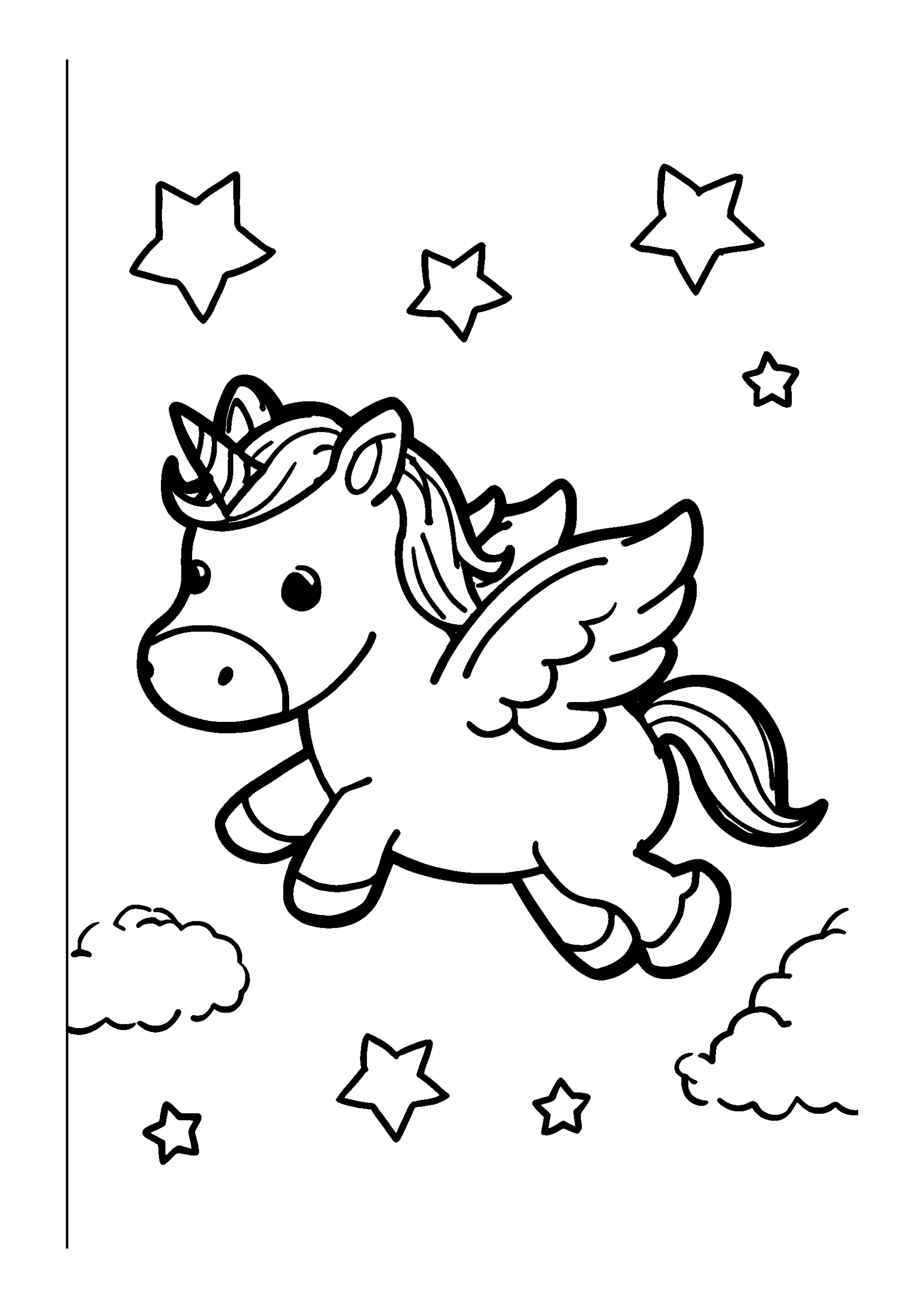 Winged Unicorn Flying Between Stars coloring page