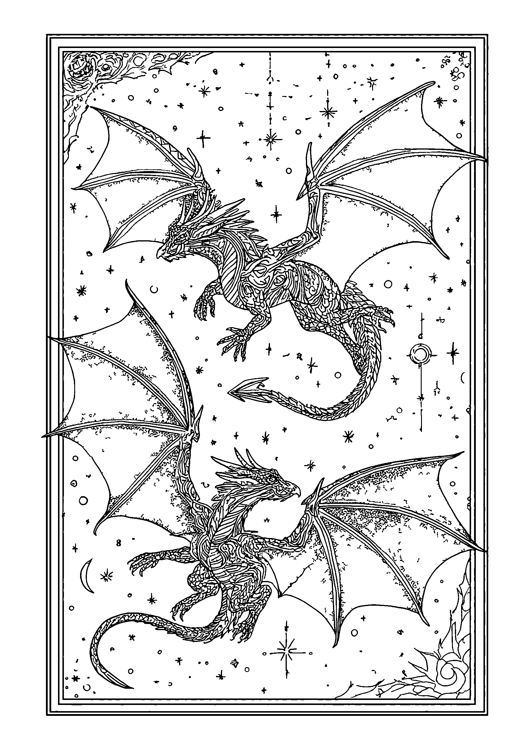 Dragons Dancing in a Sky Full of Stars coloring page