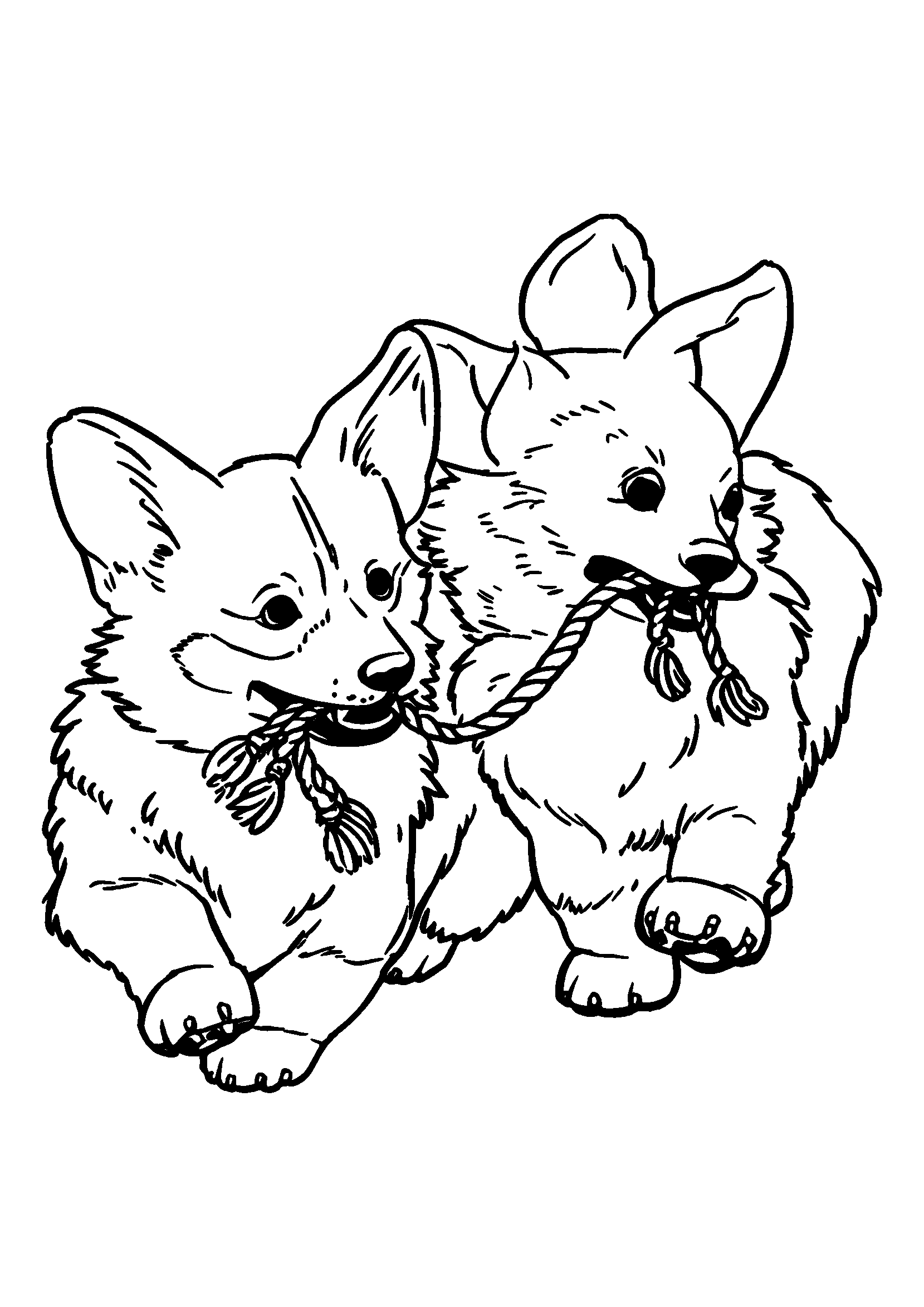 Corgis Playing Tug-of-war with a Rope Toy coloring page