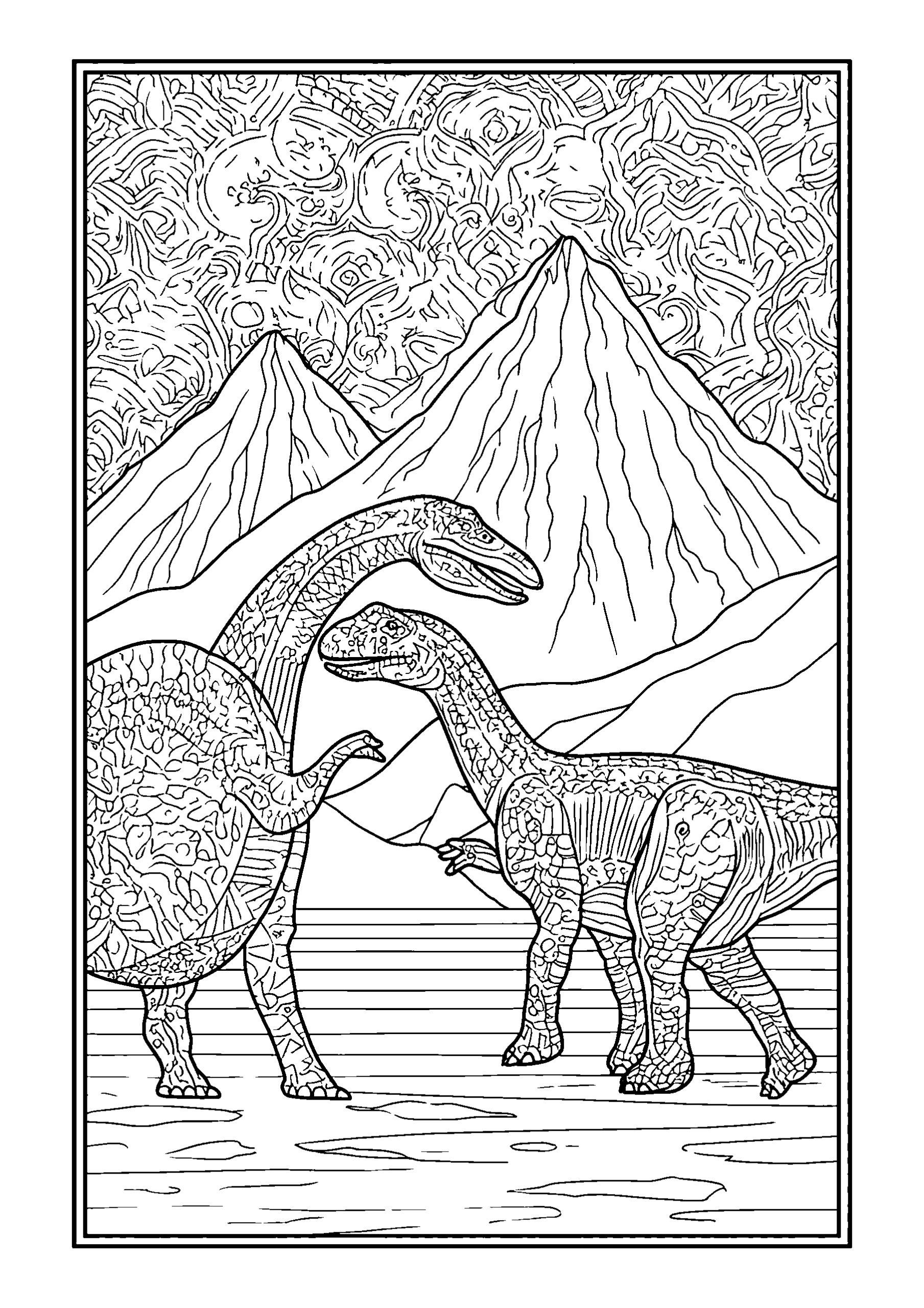 Dinosaurs Playing beside a Lake coloring page