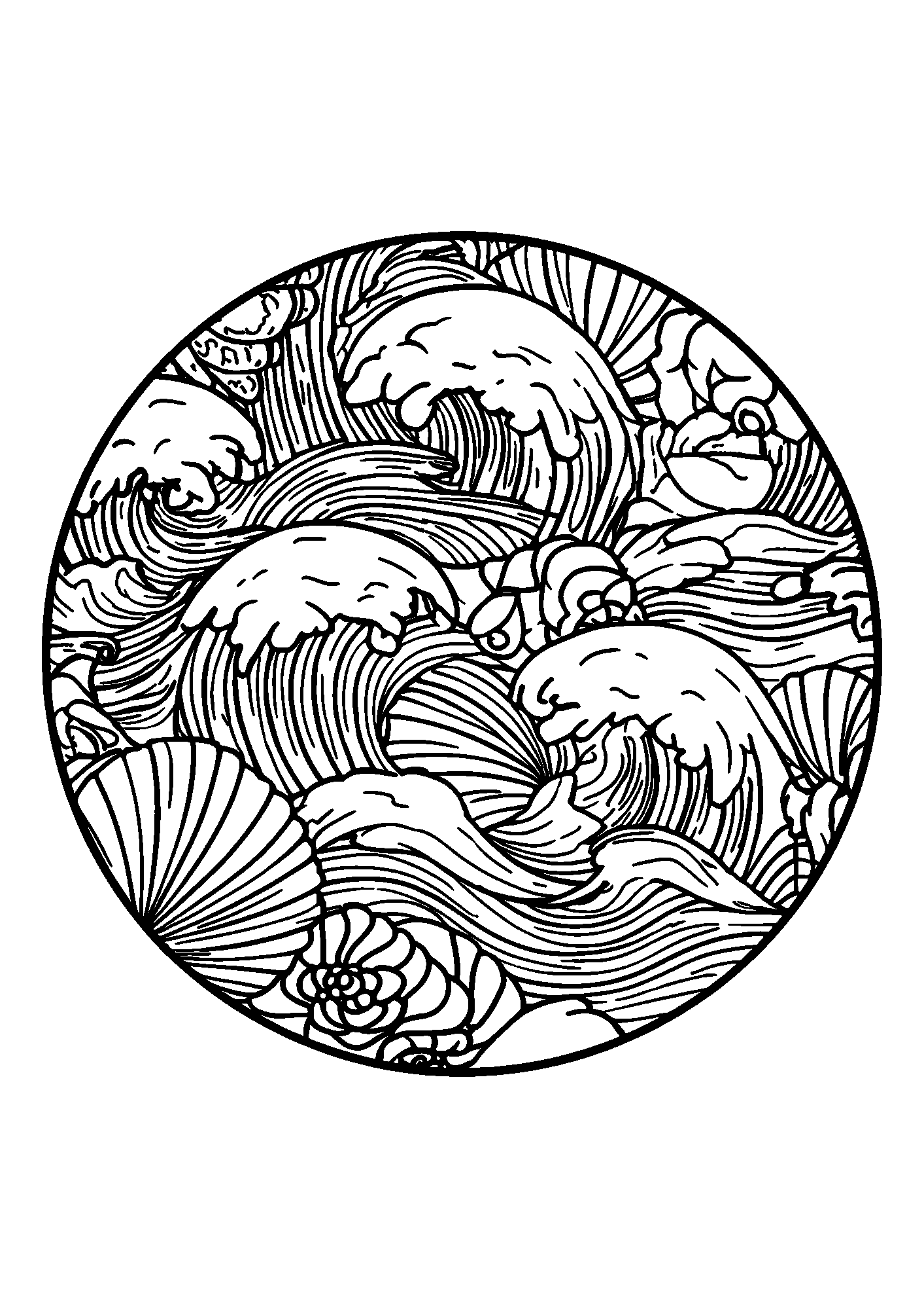 Circular Mandala Filled with Ocean Waves and Shells coloring page