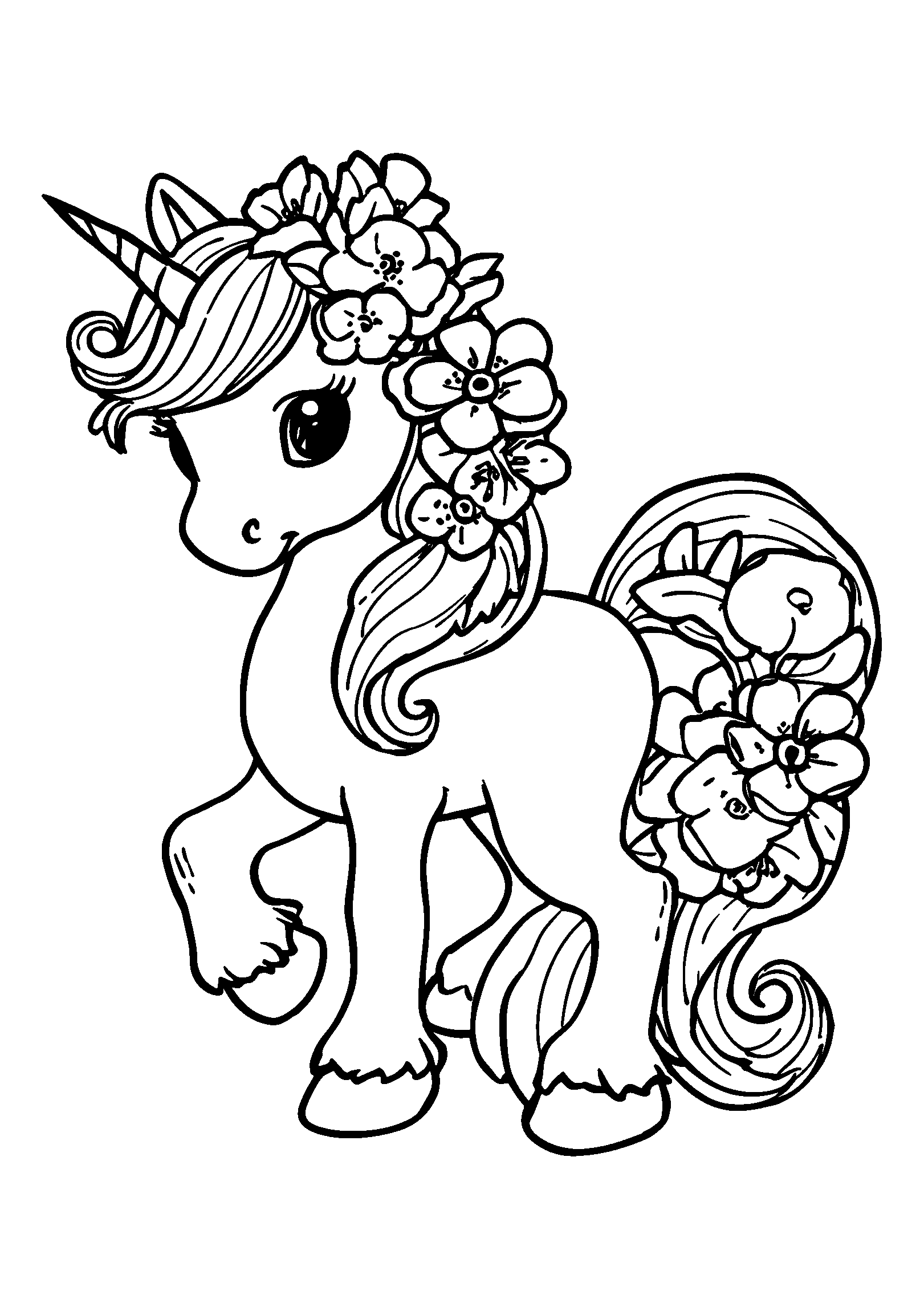 Unicorn with a Mane Made of Swirling Flowers coloring page