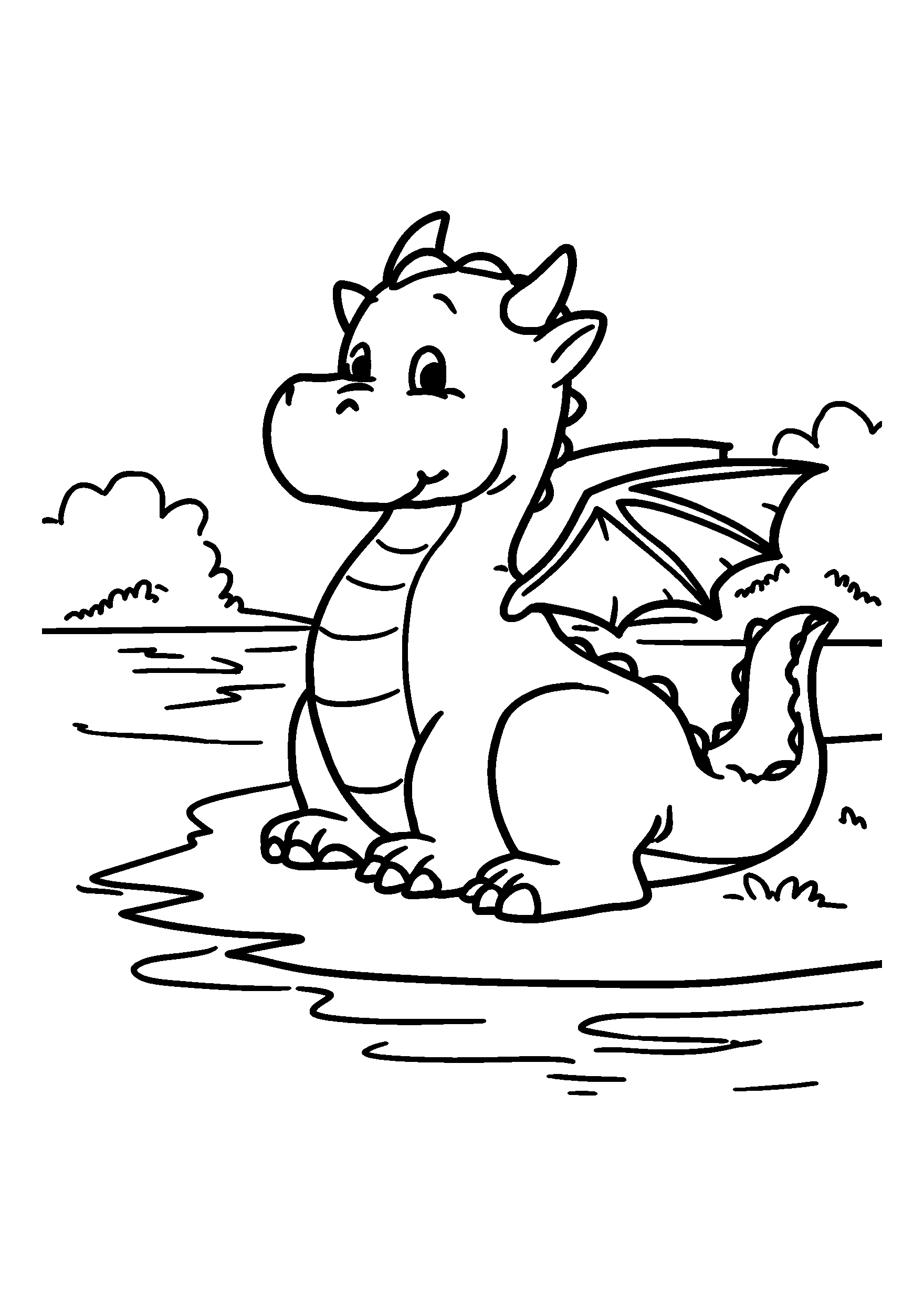 Wise Old Dragon Sitting by a Tranquil Lake coloring page