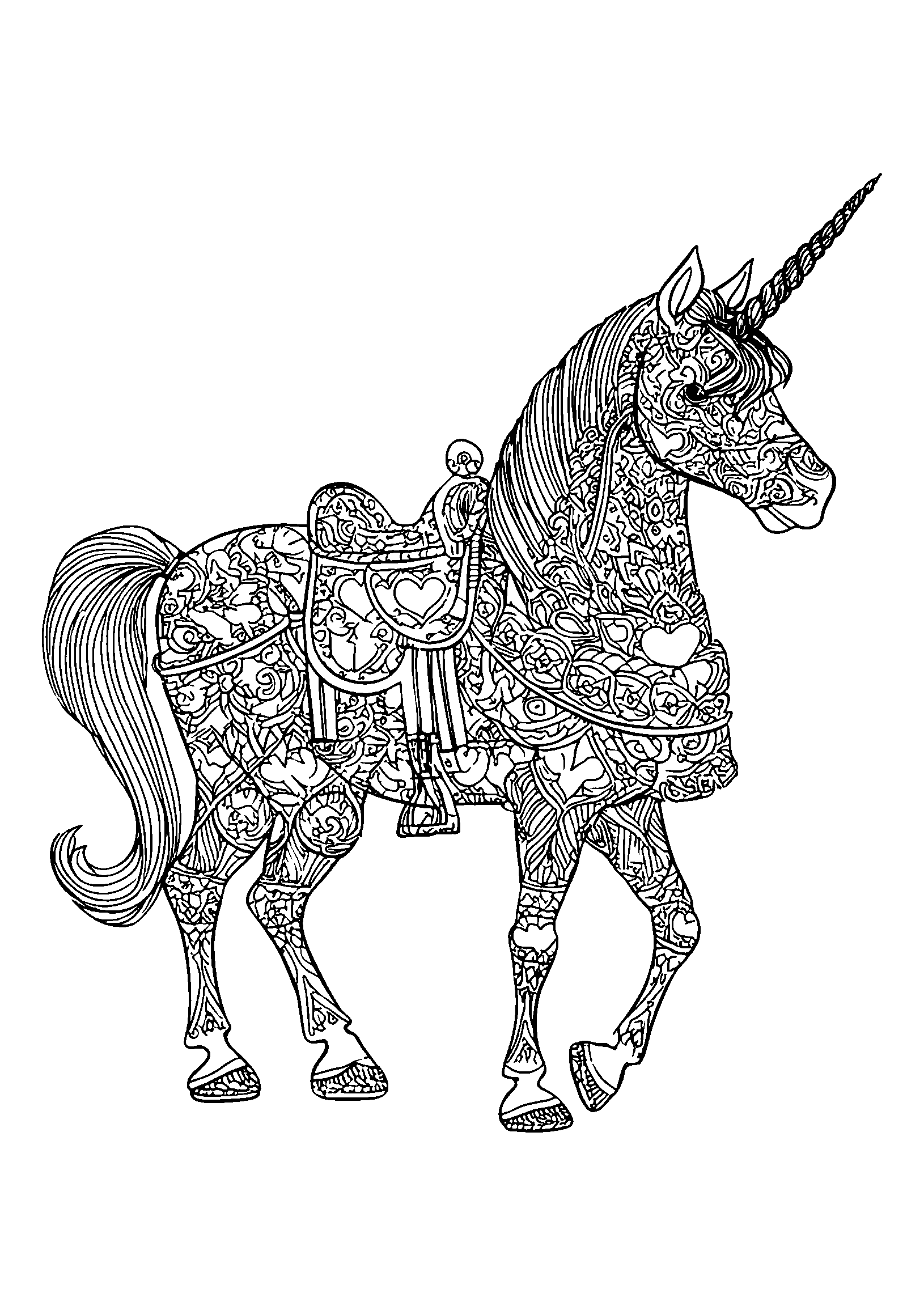 Unicorn Wearing a Saddle Decorated with Hearts coloring page