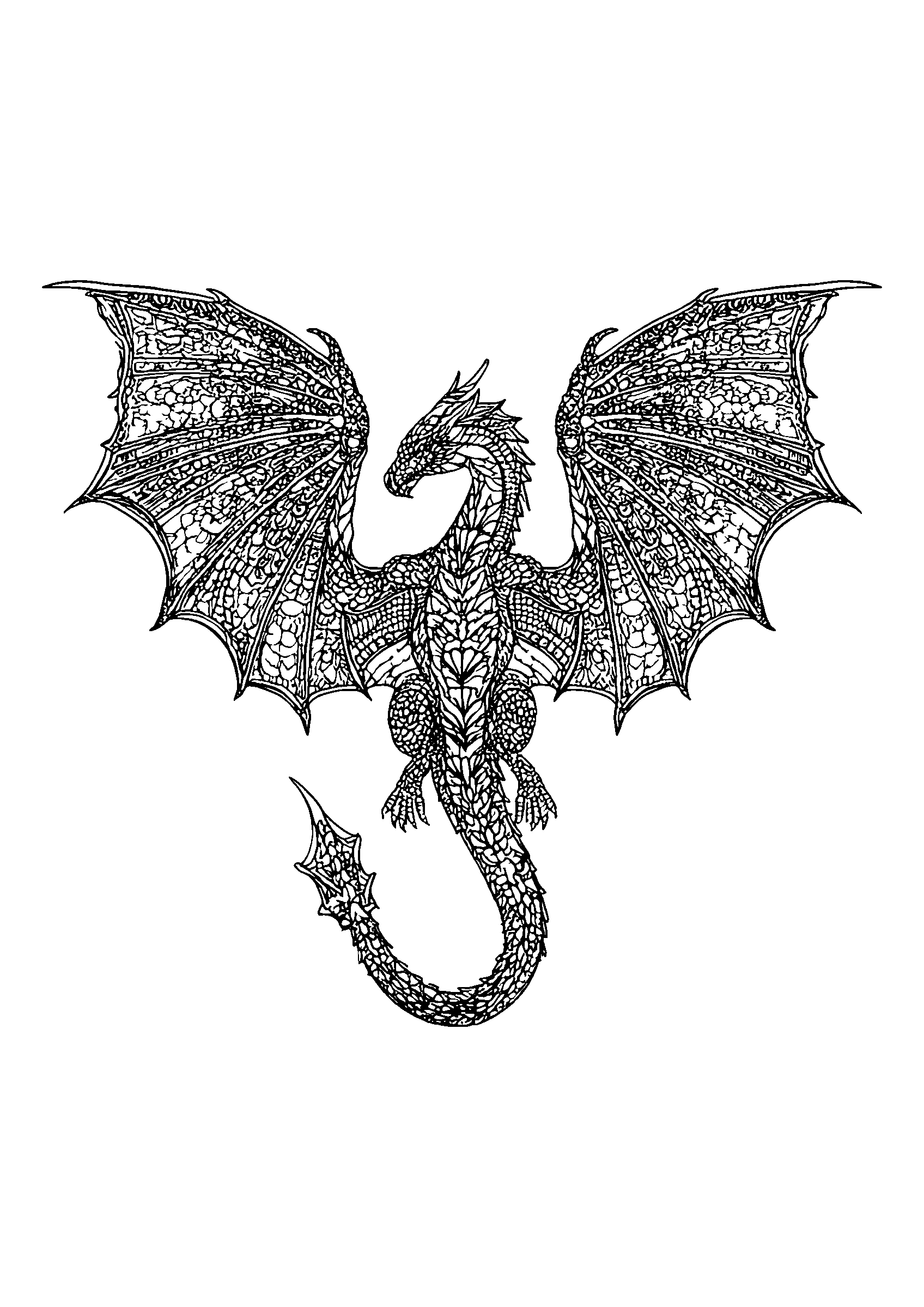 Dragon with Large Wings Flying Above a Village coloring page