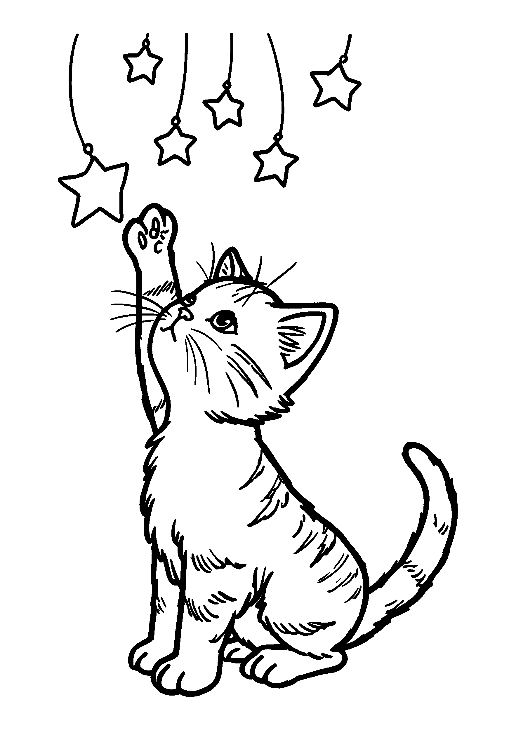 Cat Batting at a Hanging String of Stars coloring page