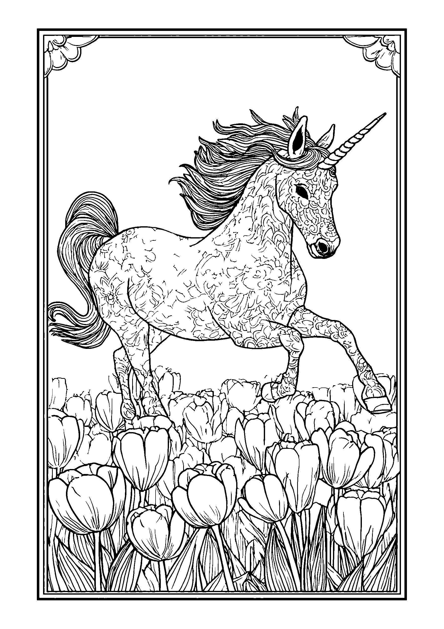 Unicorn Galloping Across a Meadow of Tulips coloring page