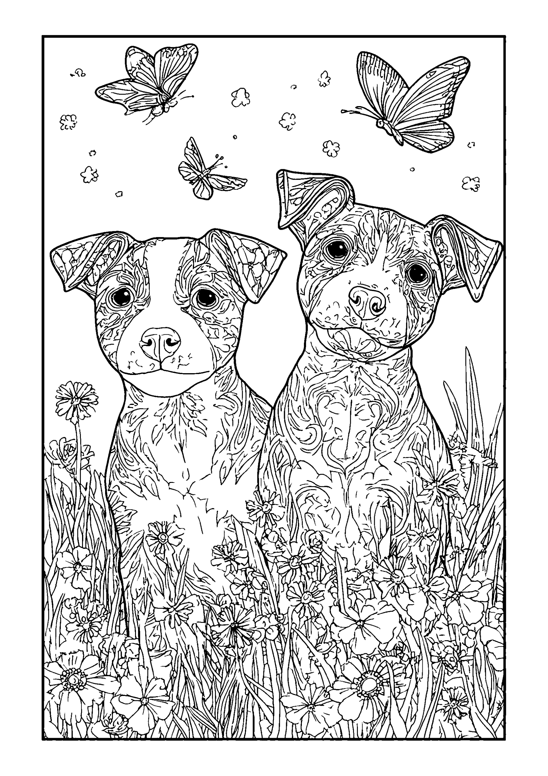 Jack Russell Terriers Chasing Butterflies in a Meadow coloring page