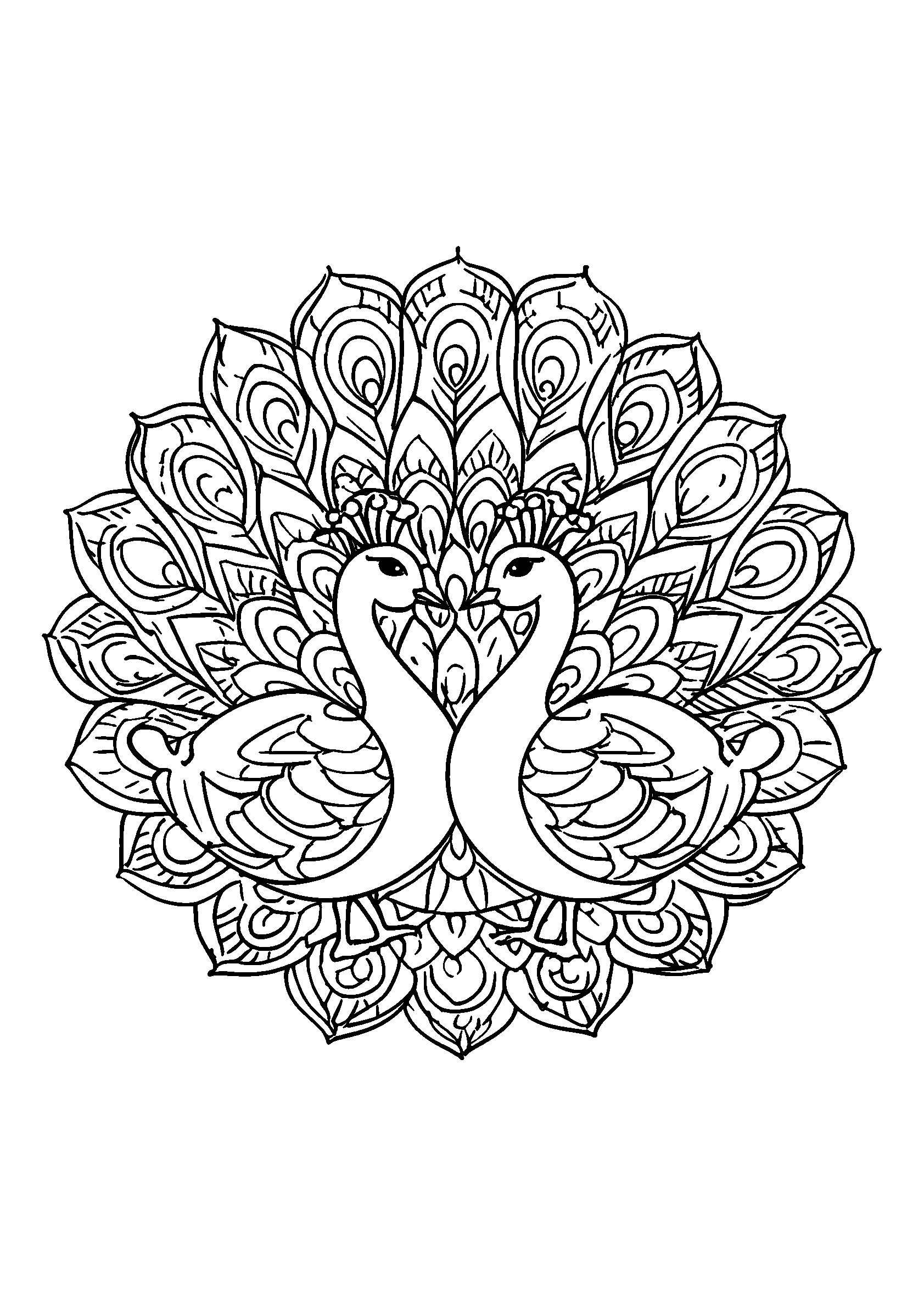 Peacocks Forming a Mandala with Their Tails coloring page