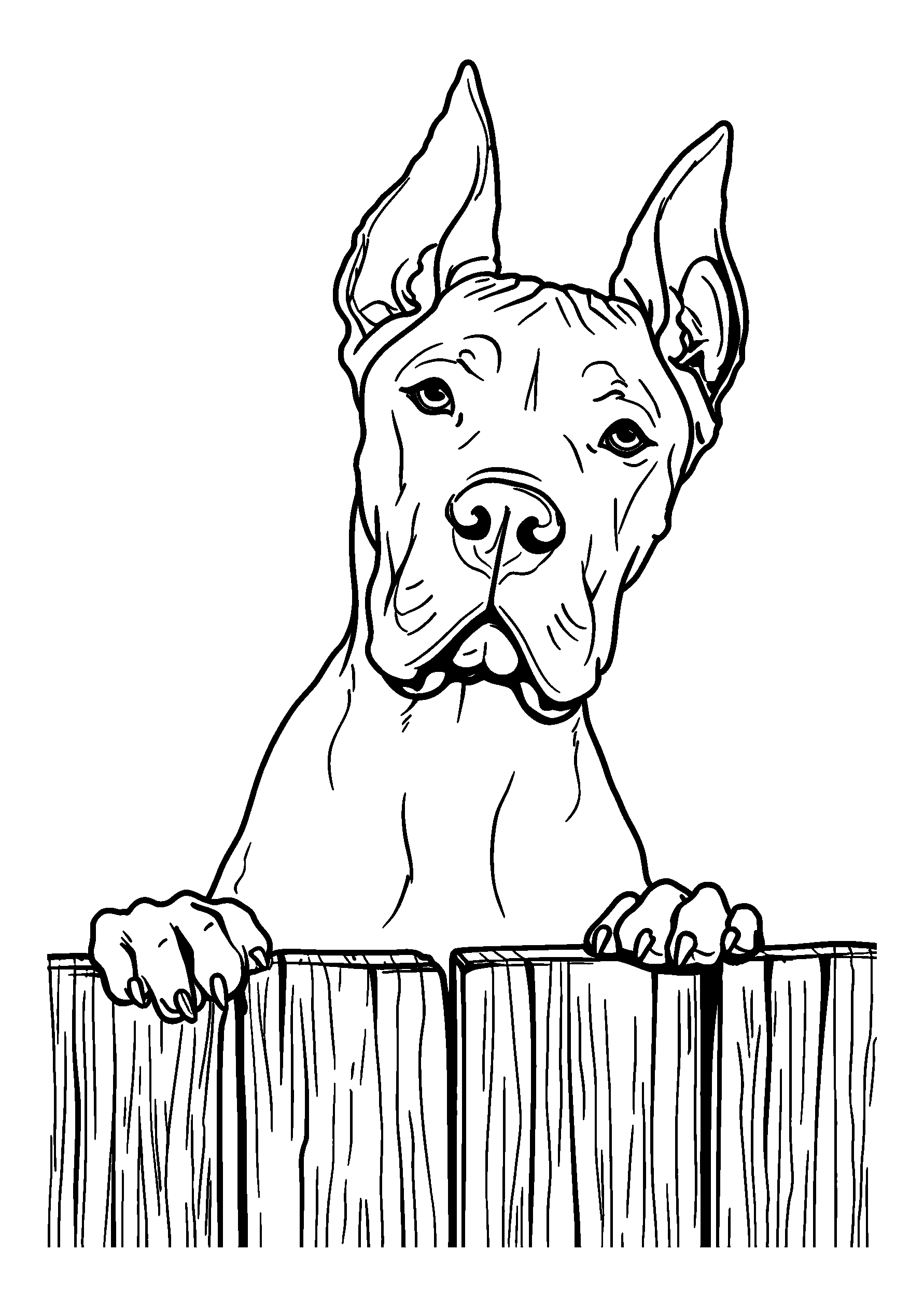 Great Dane Looking over a Wooden Fence in a Yard coloring page