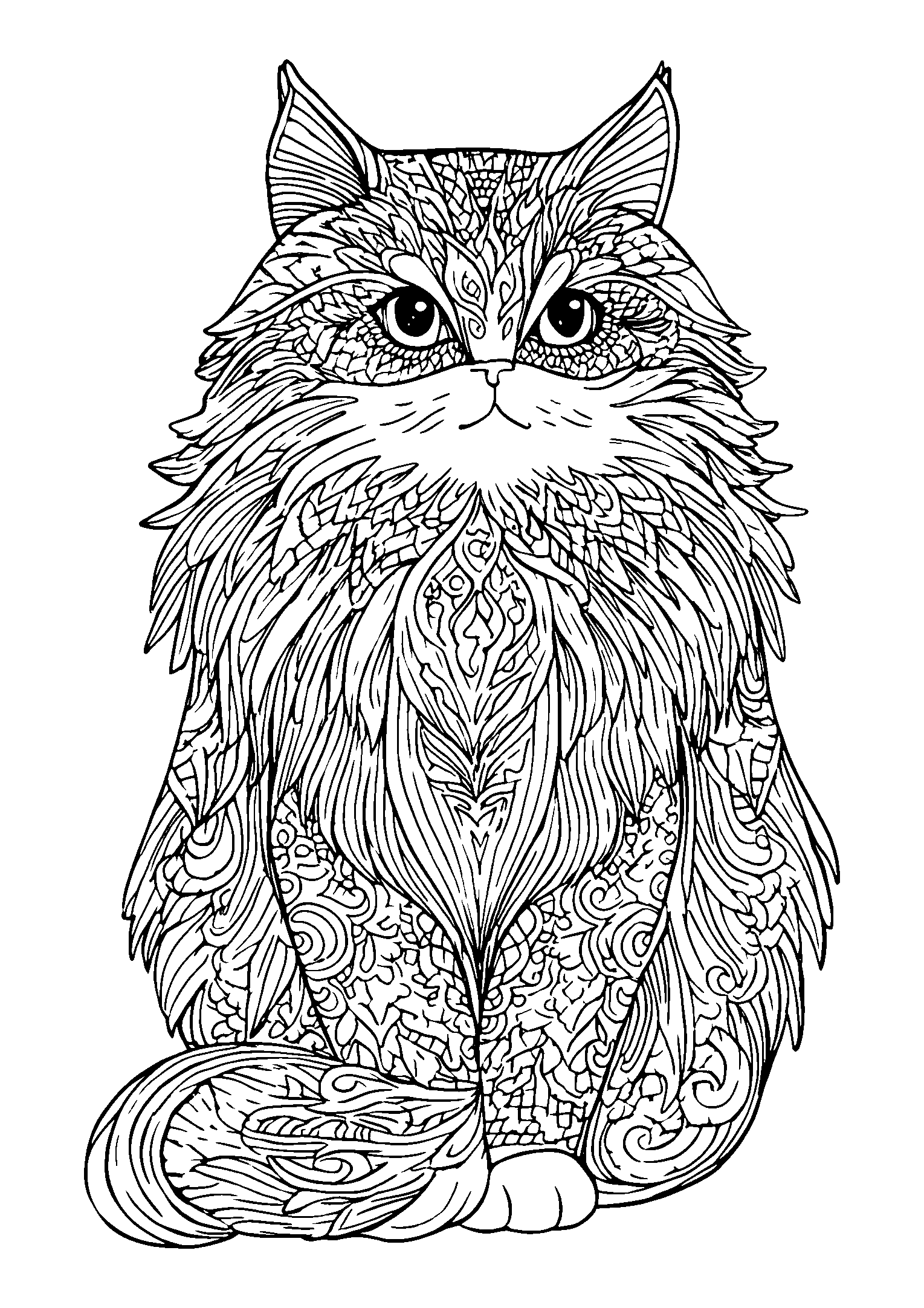 Long-haired Cat with an Ornately Patterned Coat coloring page