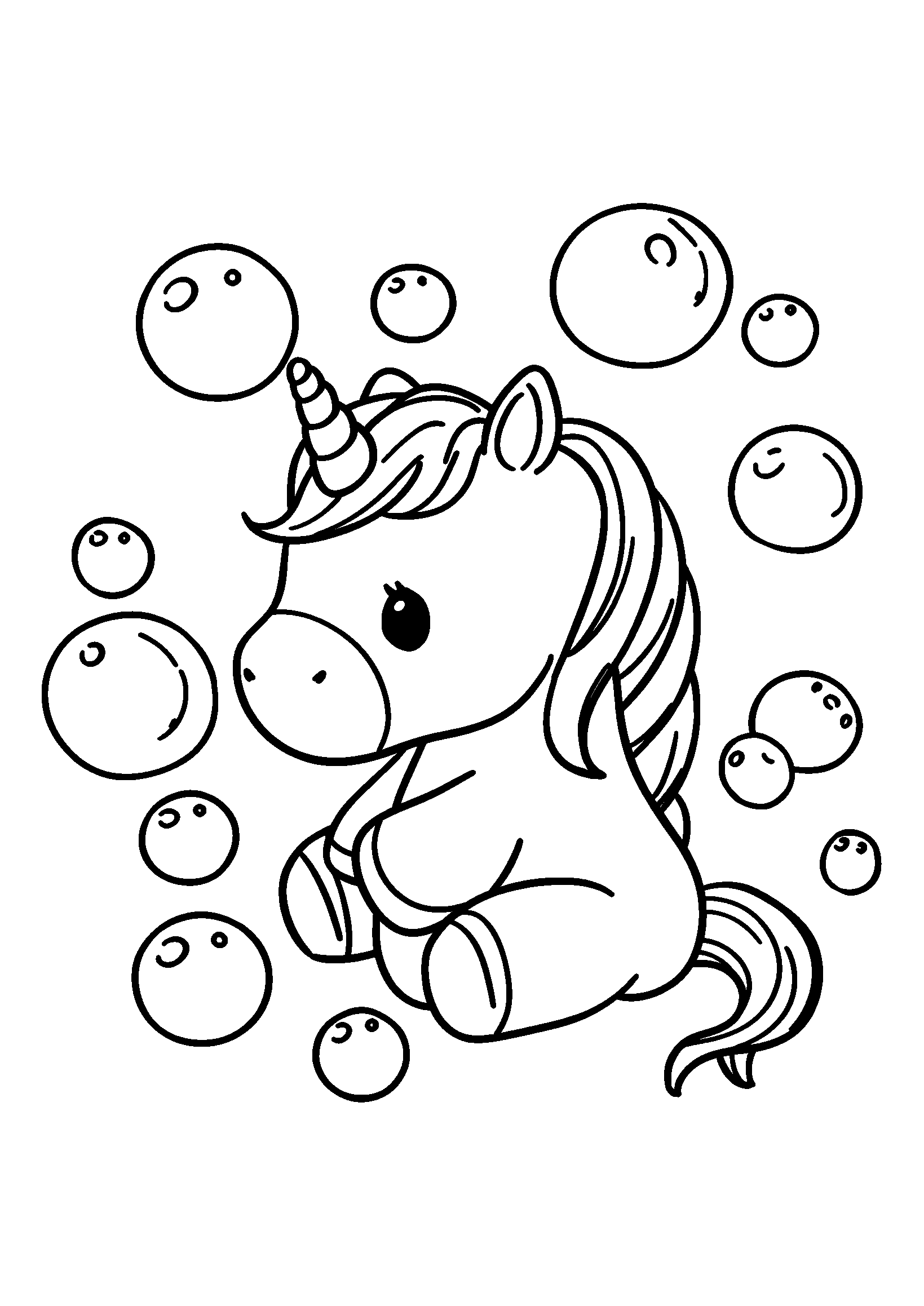Unicorn Surrounded by Floating Soap Bubbles coloring page