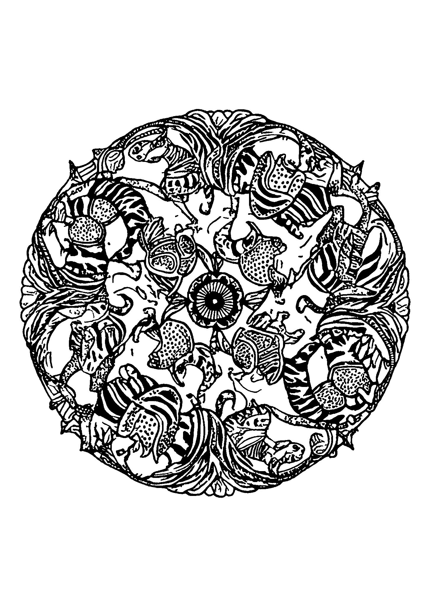 Bold Mandala Featuring Animals in Playful Poses coloring page