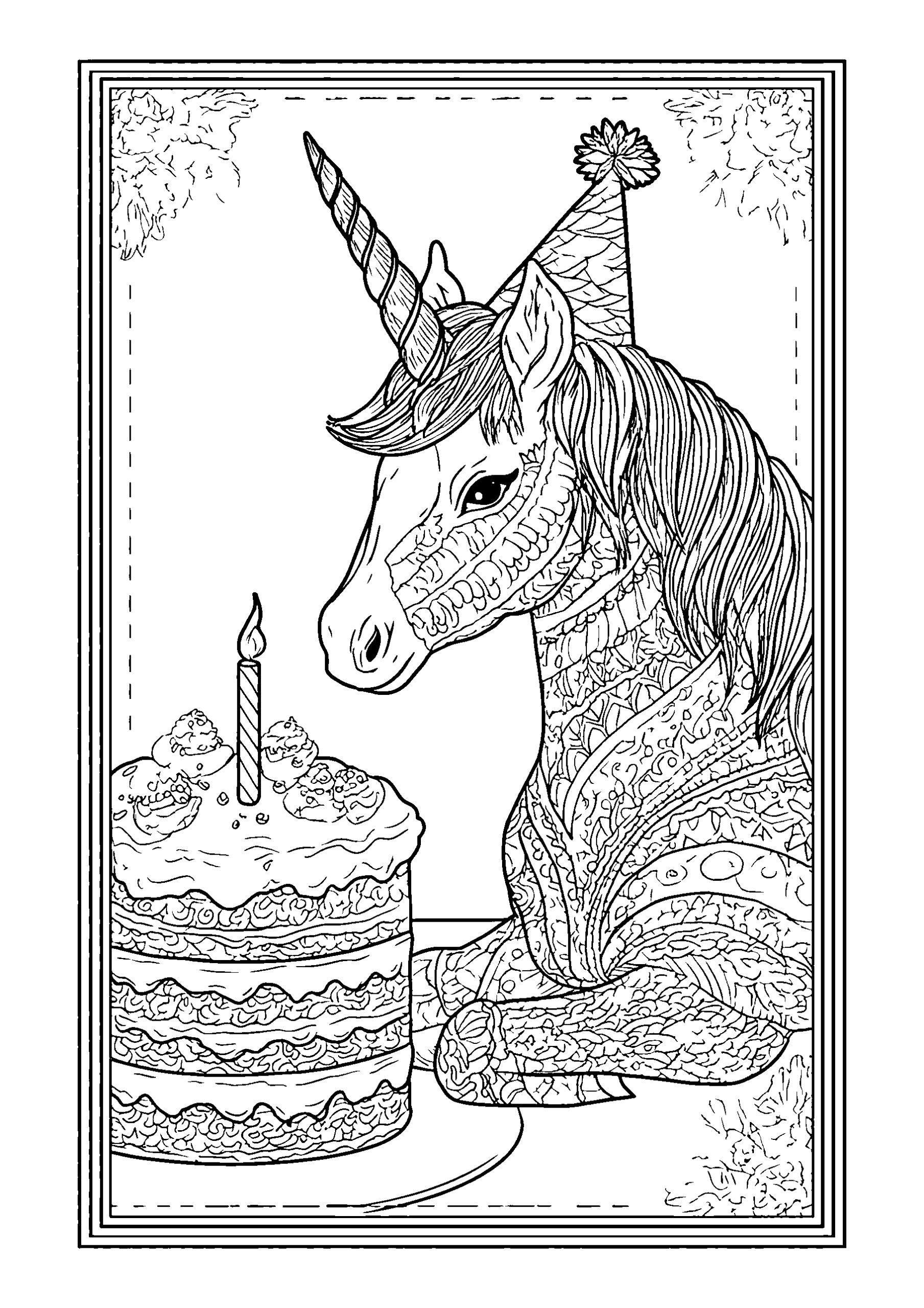 Unicorn with a Birthday Hat beside a Layered Cake coloring page