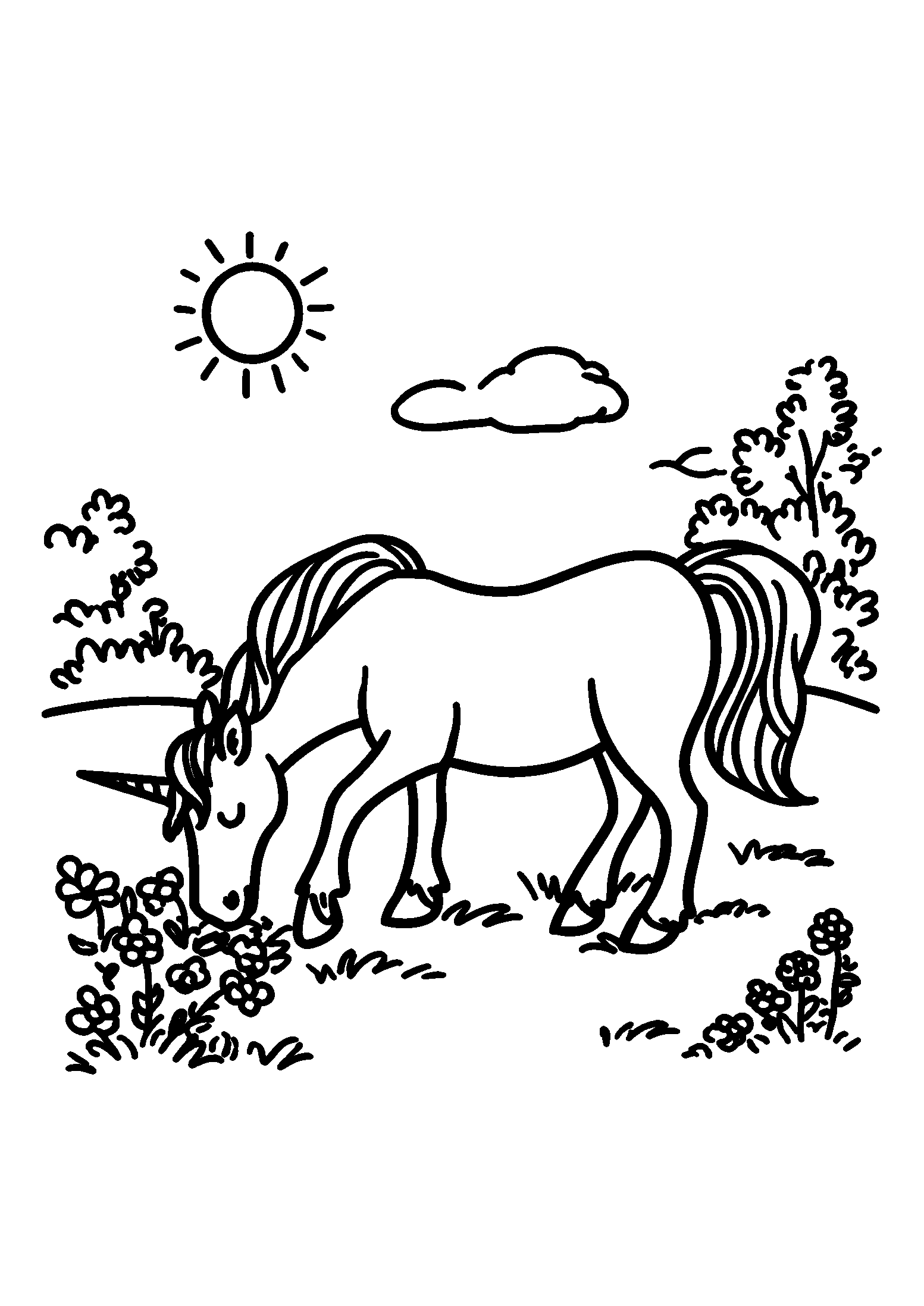 Majestic Unicorn Grazing in a Sunlit Meadow coloring page