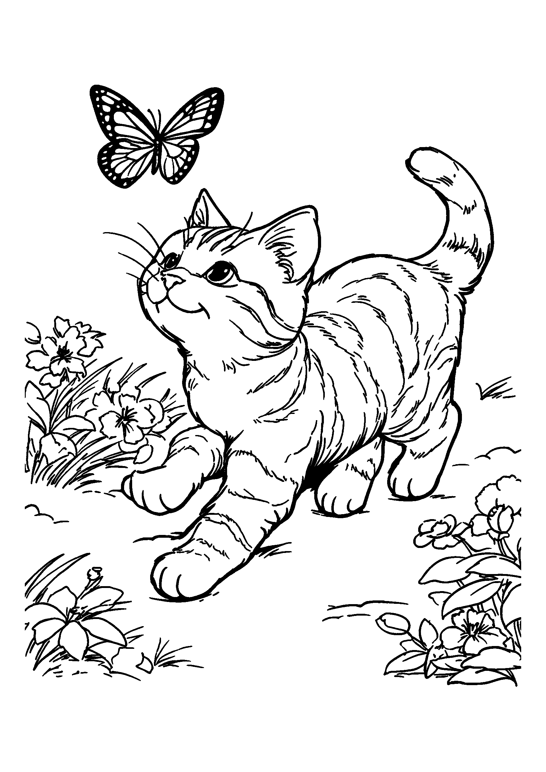 Playful Tabby Cat Chasing a Butterfly in a Garden coloring page