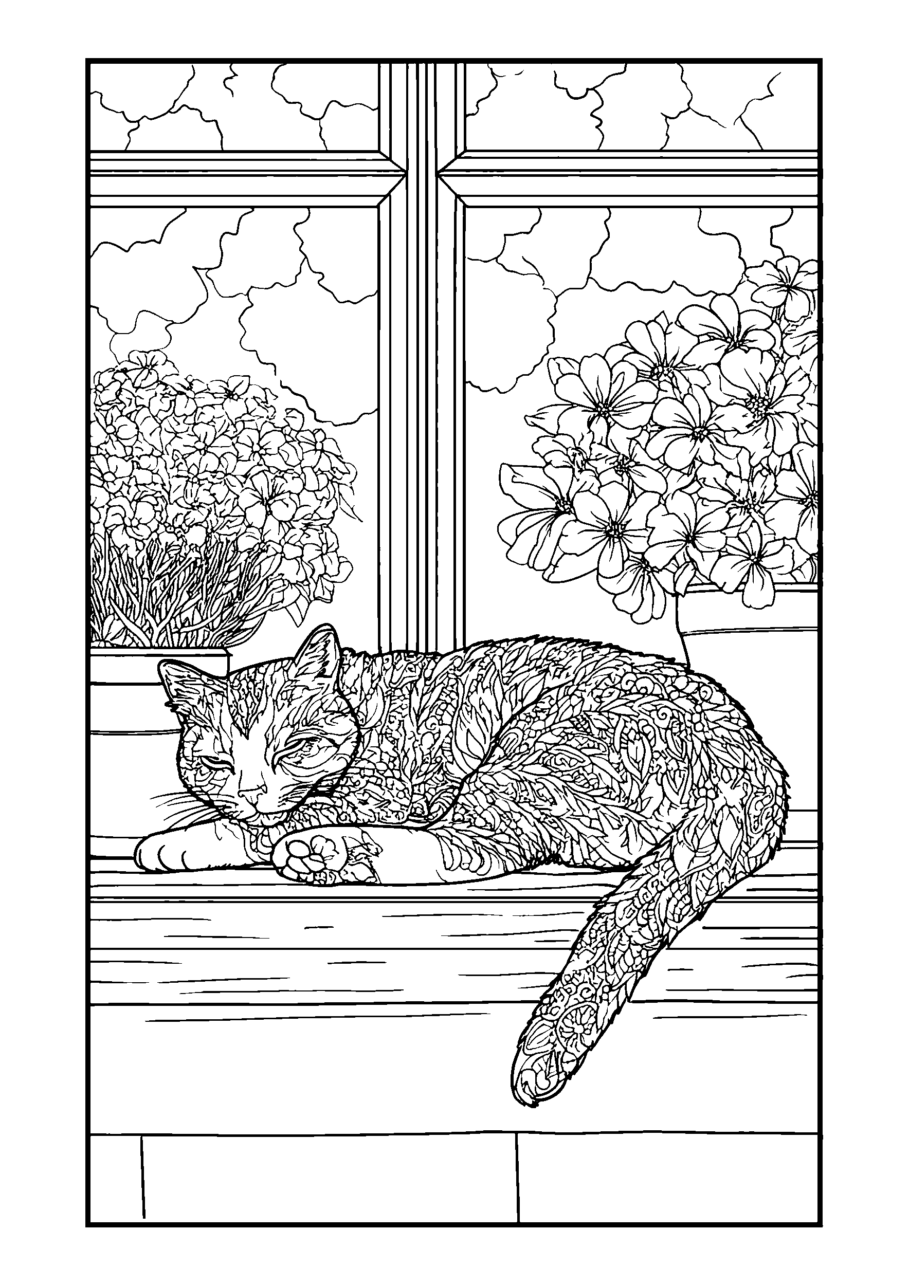 Cat Lounging on a Sunny Windowsill with Potted Flowers coloring page