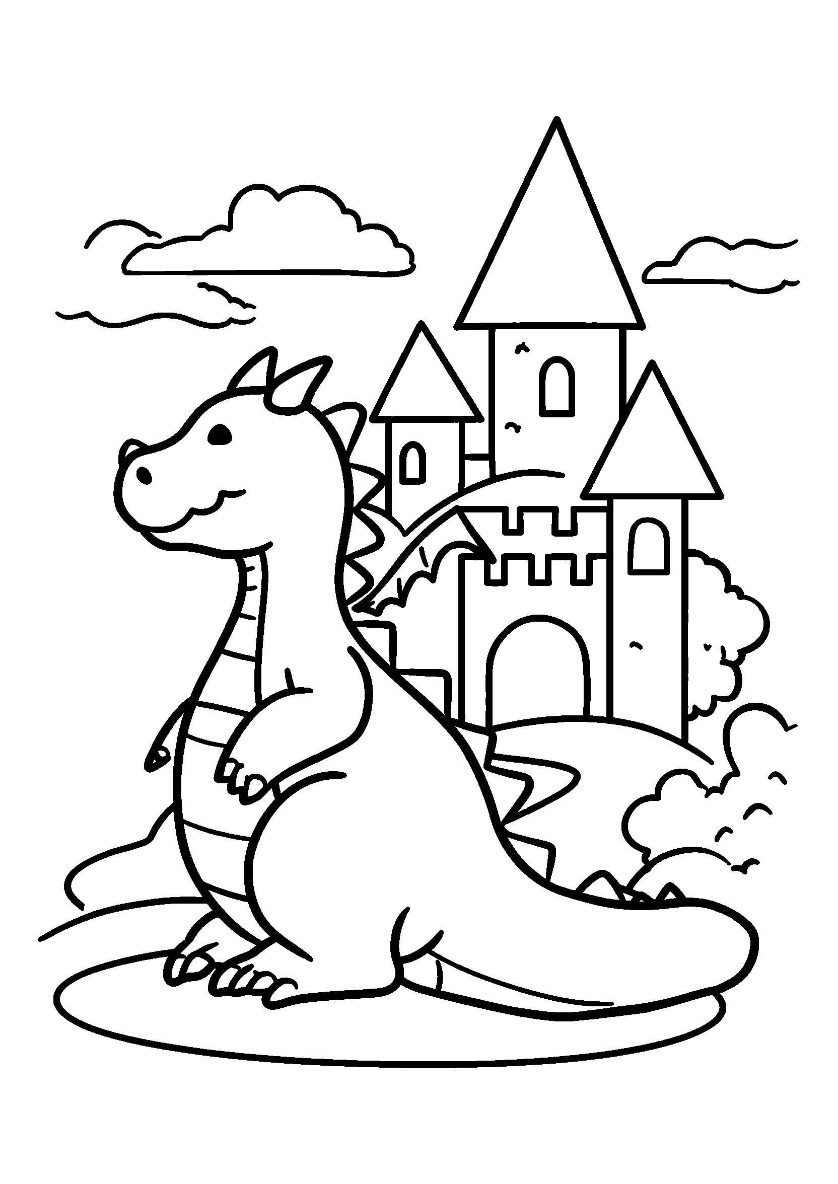 Dragon Watching over a Castle at Dawn coloring page