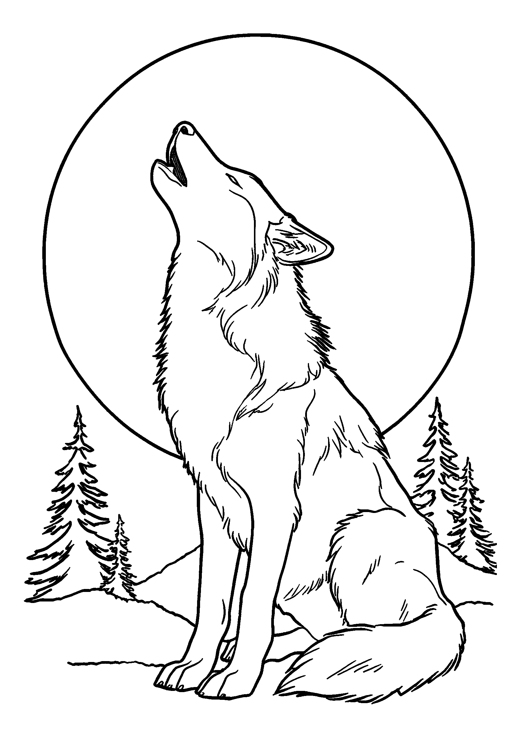 Siberian Husky Howling at the Moonlight in the Forest coloring page