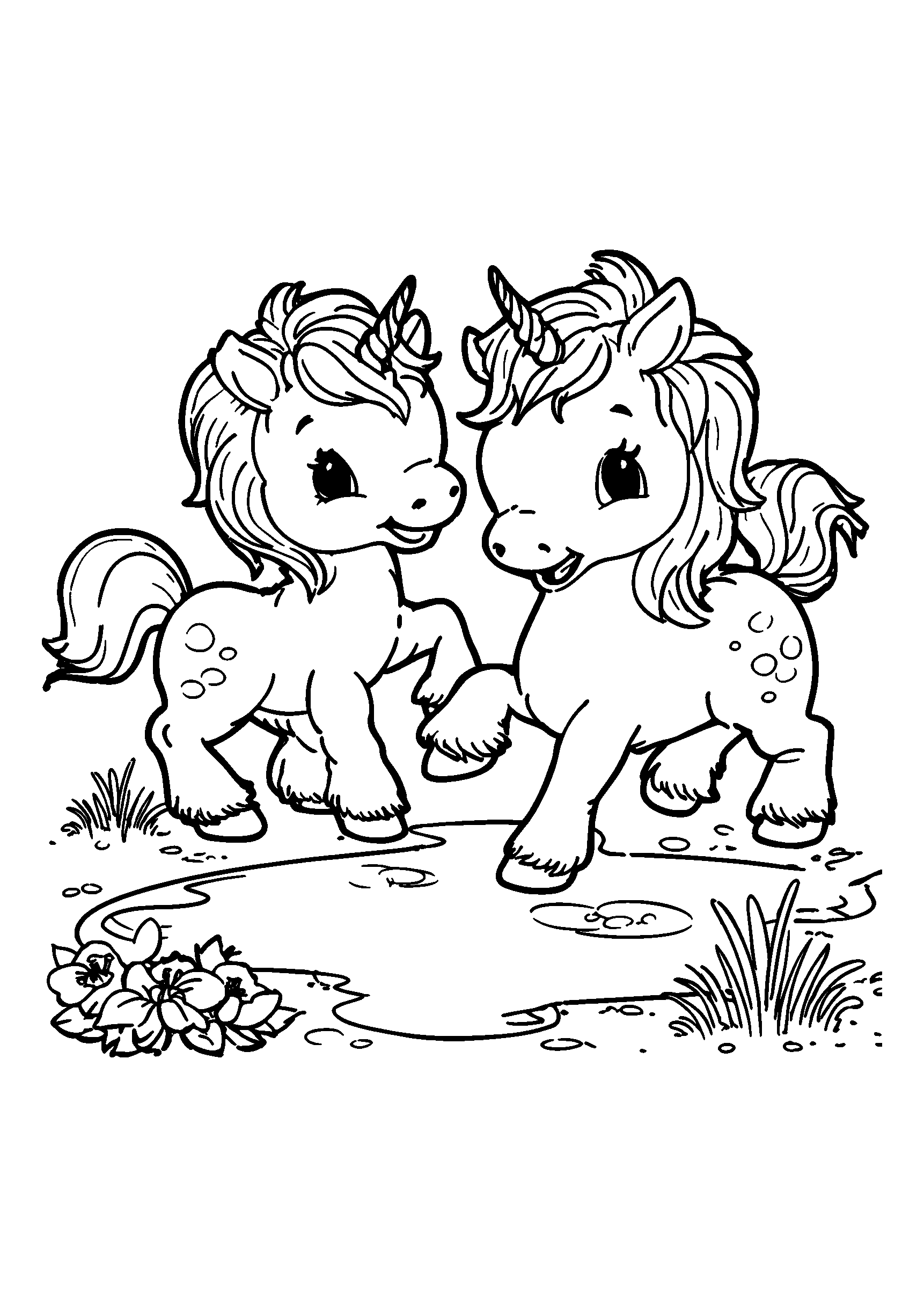 Playful Unicorn Foals Prancing by a Sparkling Pond coloring page
