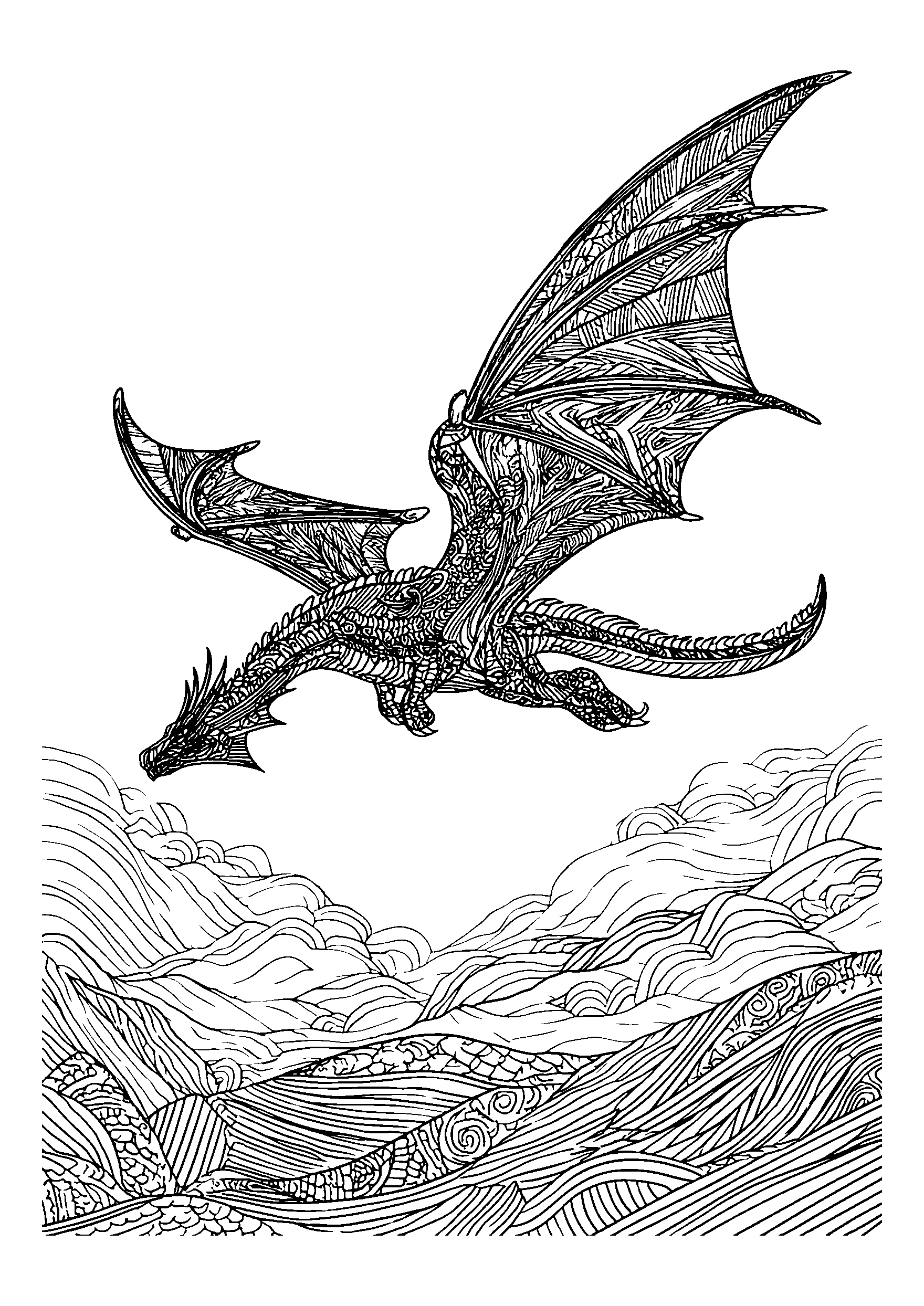 Dragon Flying Low over Rolling Hills coloring page