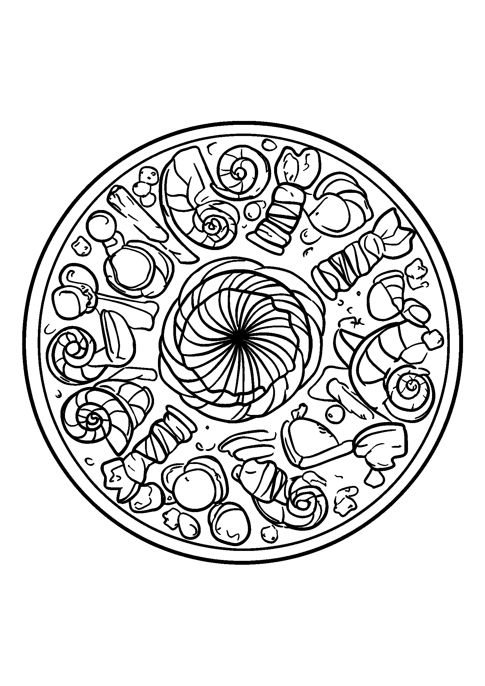 Whimsical Mandala Filled with Candy and Sweets coloring page