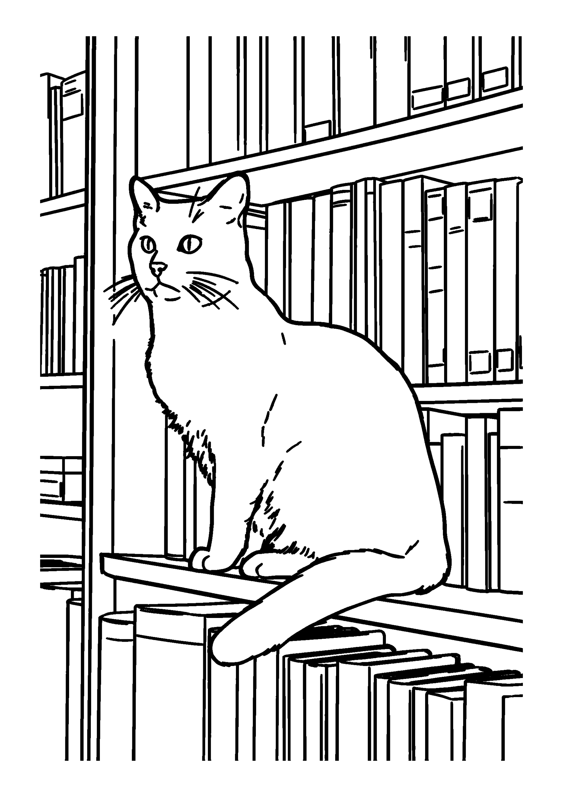 Orange Cat Perched on a High Bookshelf Surrounded by Books coloring page