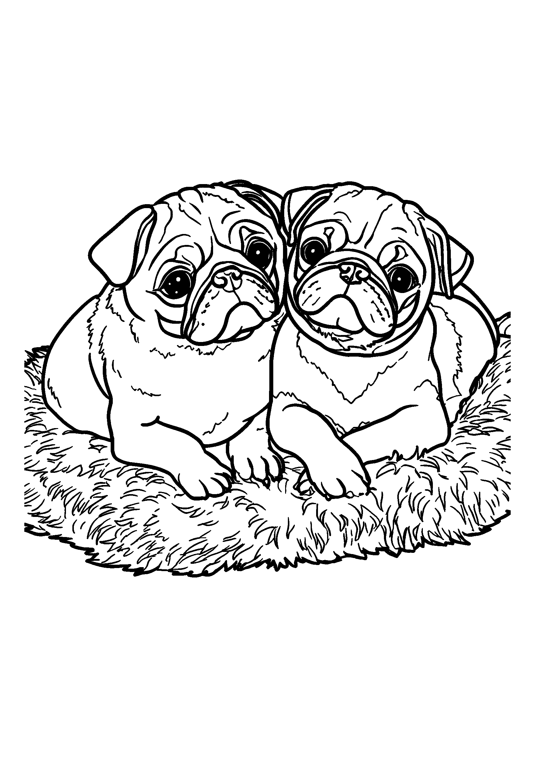 Pugs Cuddling Together on a Fluffy Rug coloring page