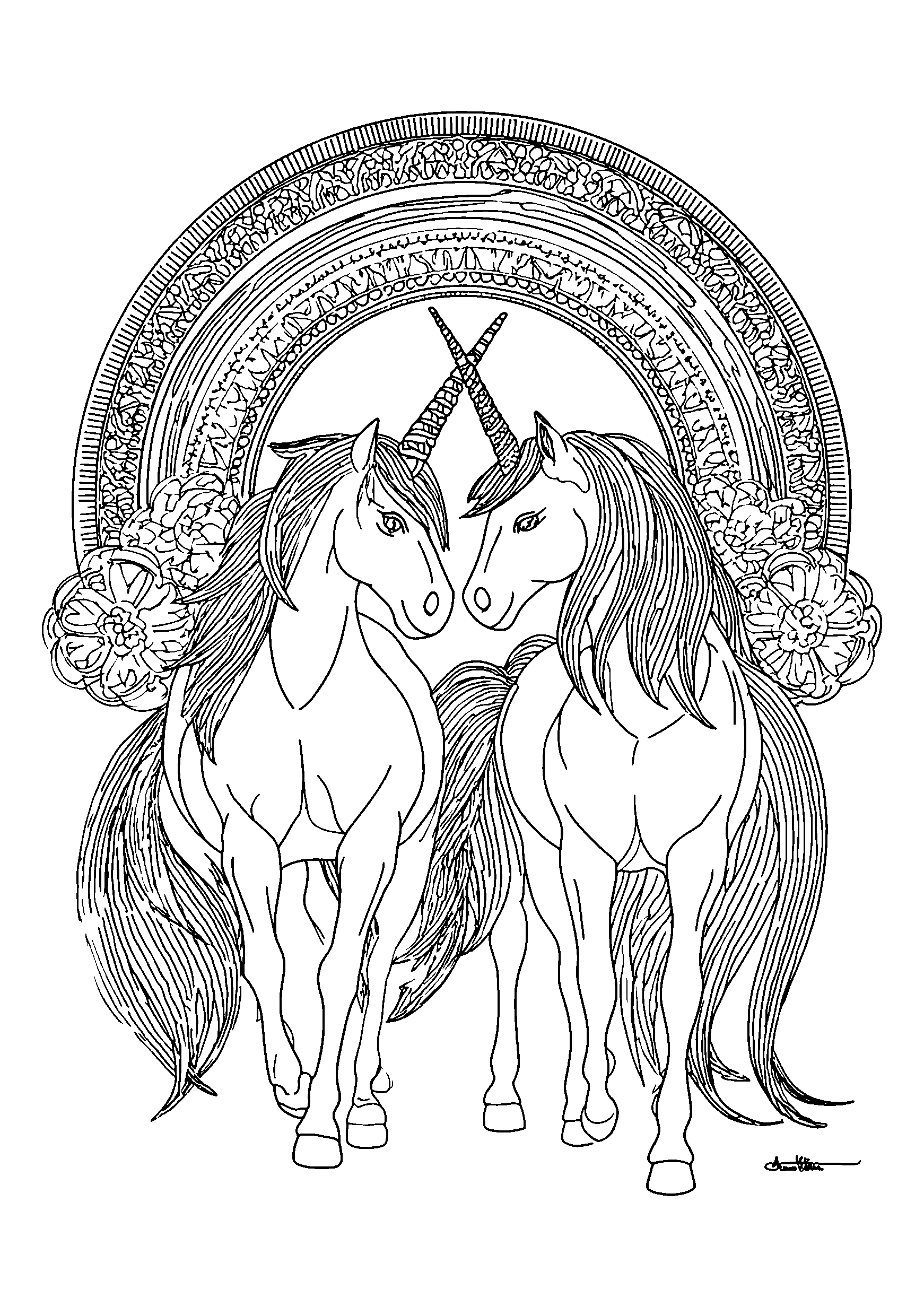 Unicorns Intertwined under a Rainbow Arch coloring page