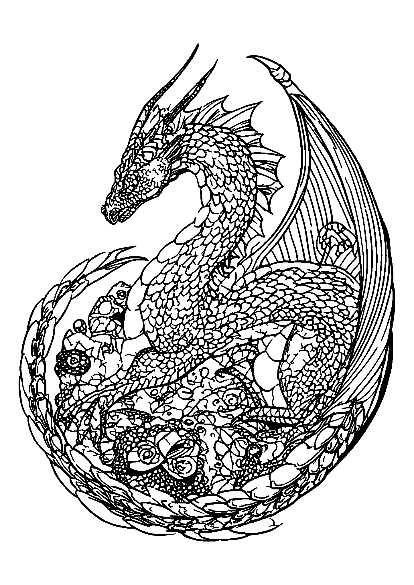 Dragon Curled Around a Giant Crystal coloring page