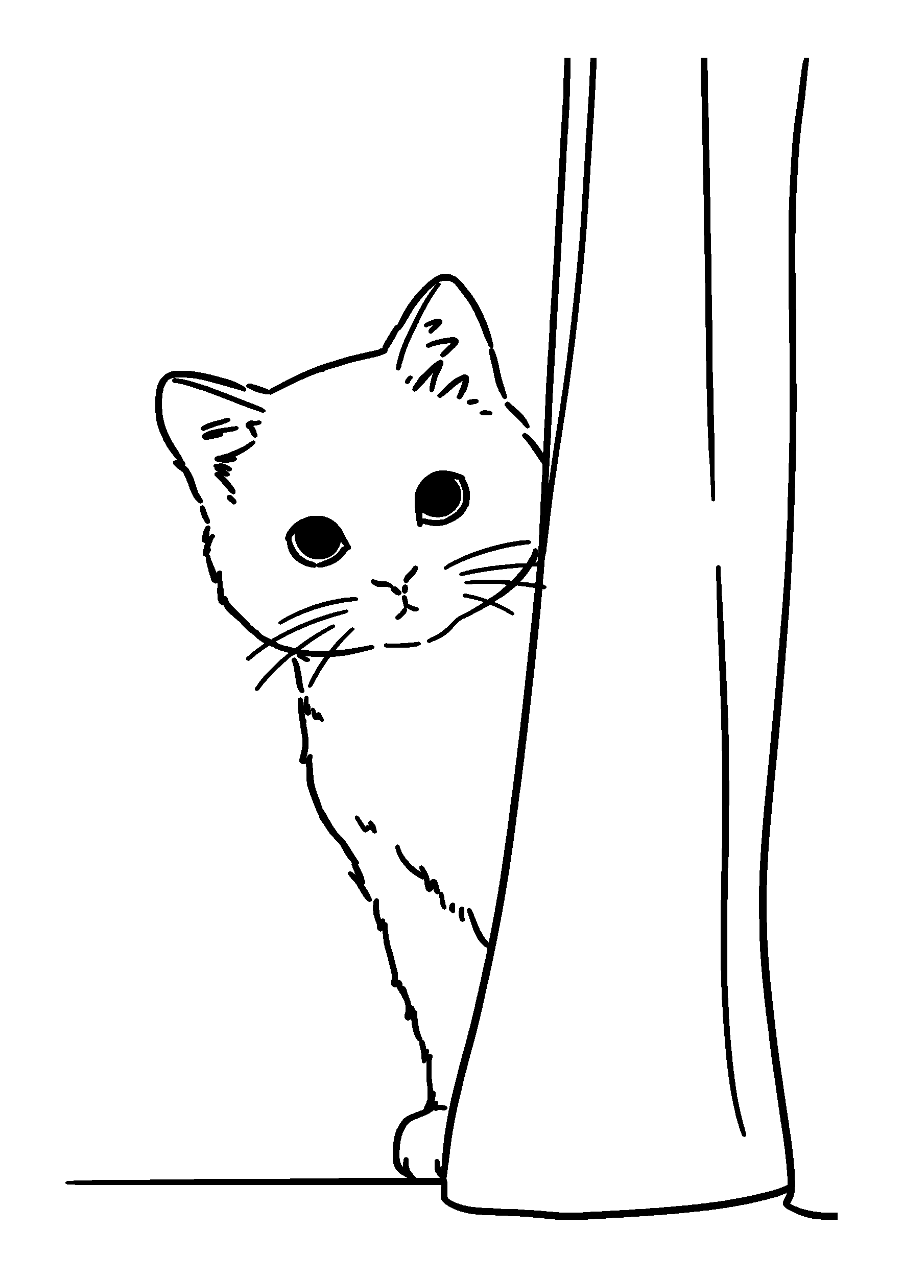 Black Cat Peering out from Behind a Curtain coloring page