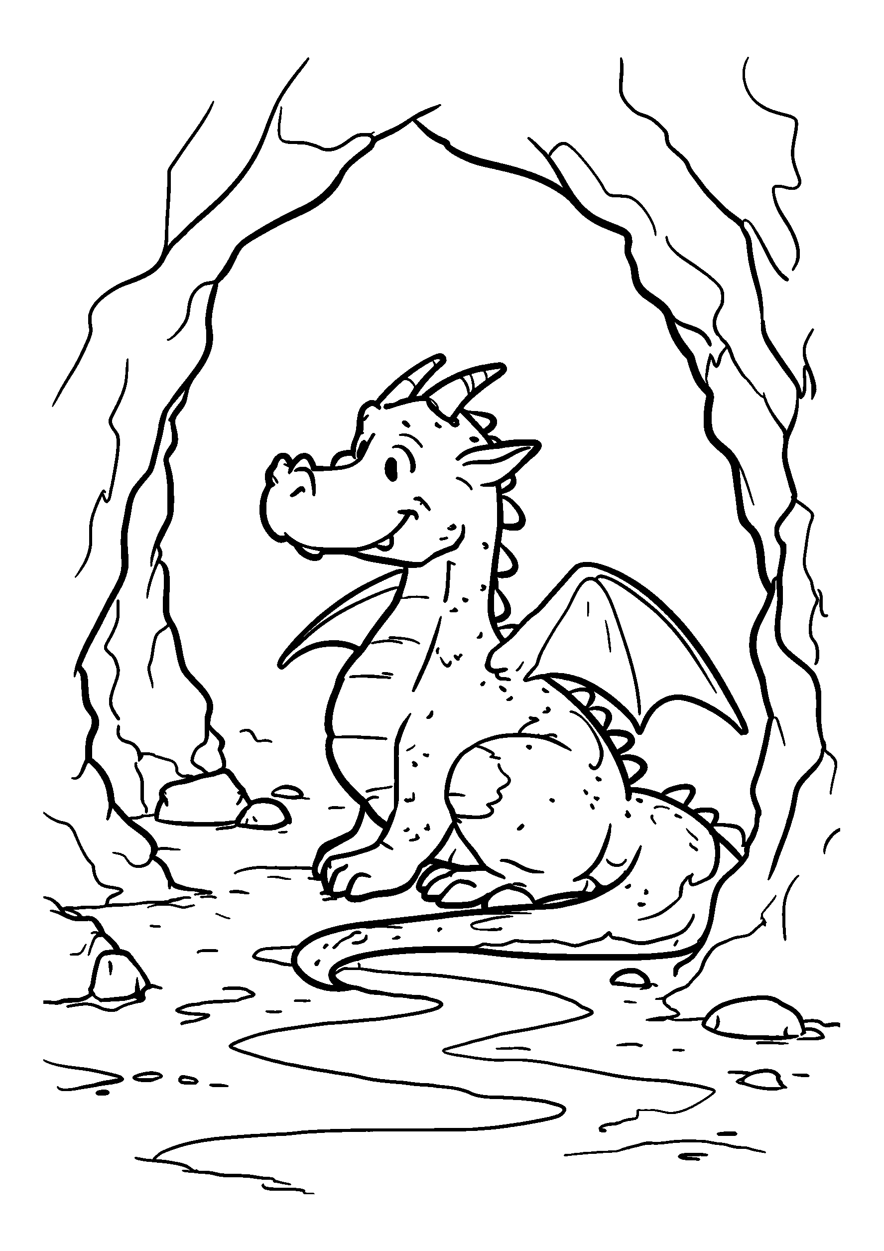 Dragon Waiting Near a Winding Cave Entrance coloring page