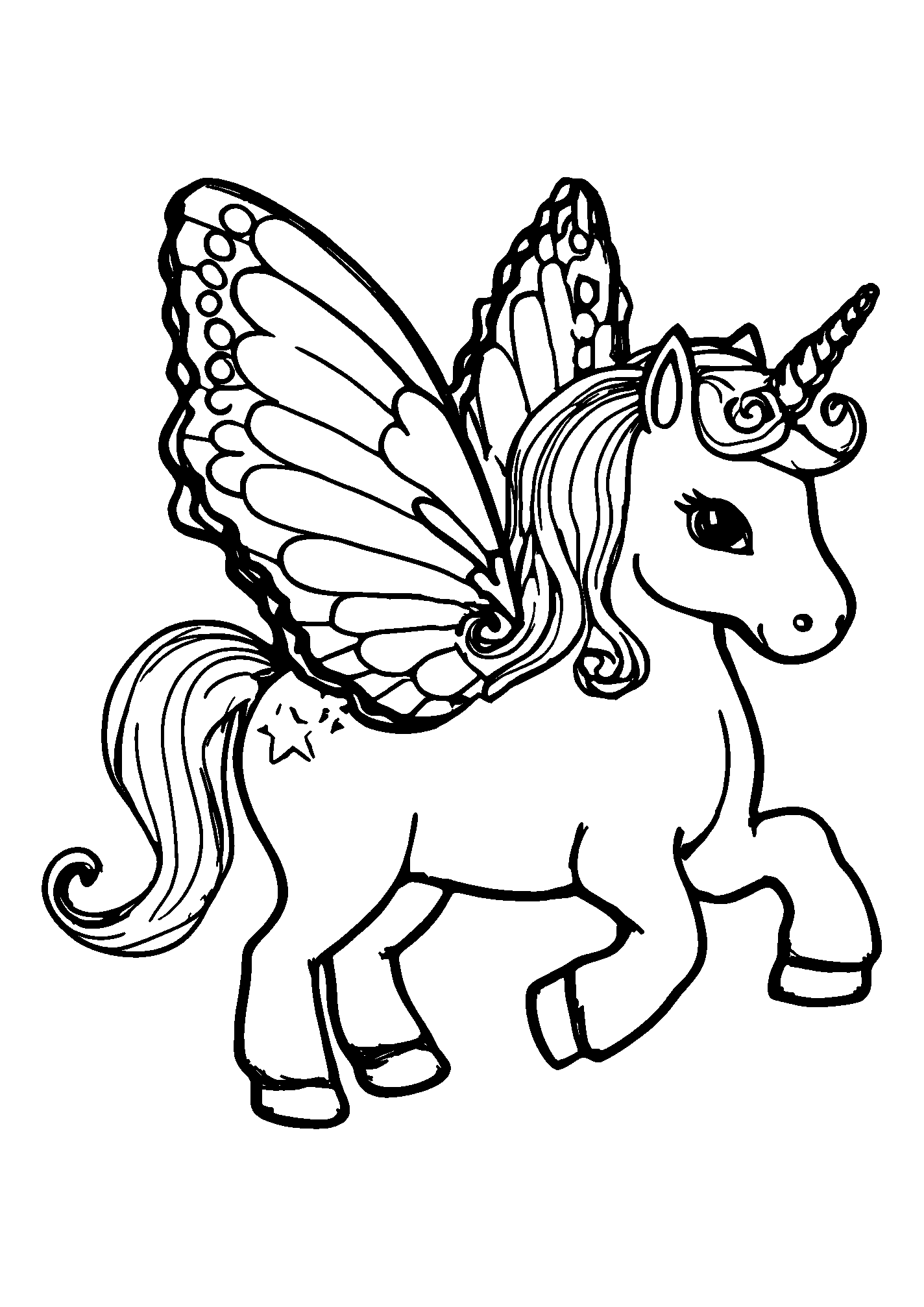 Unicorn with Butterfly Wings Fluttering in a Fairy Glen coloring page