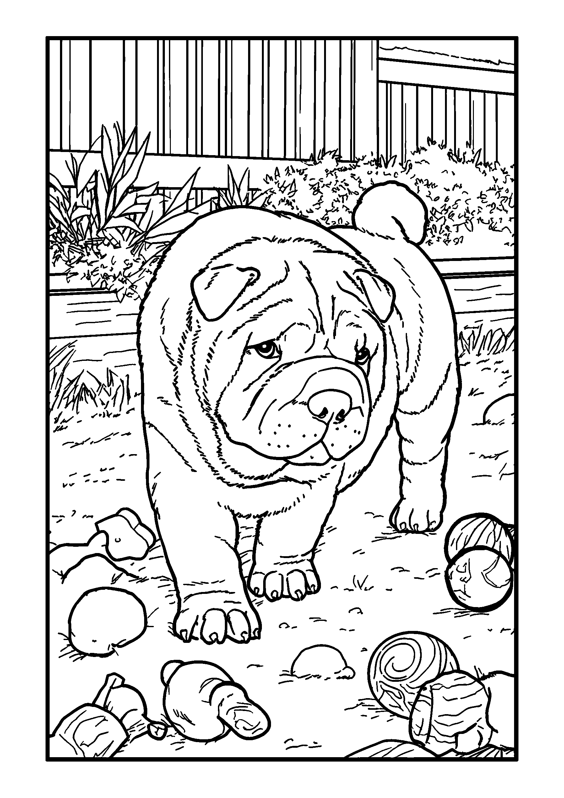 Shar Pei Exploring a Backyard Filled with Toys coloring page