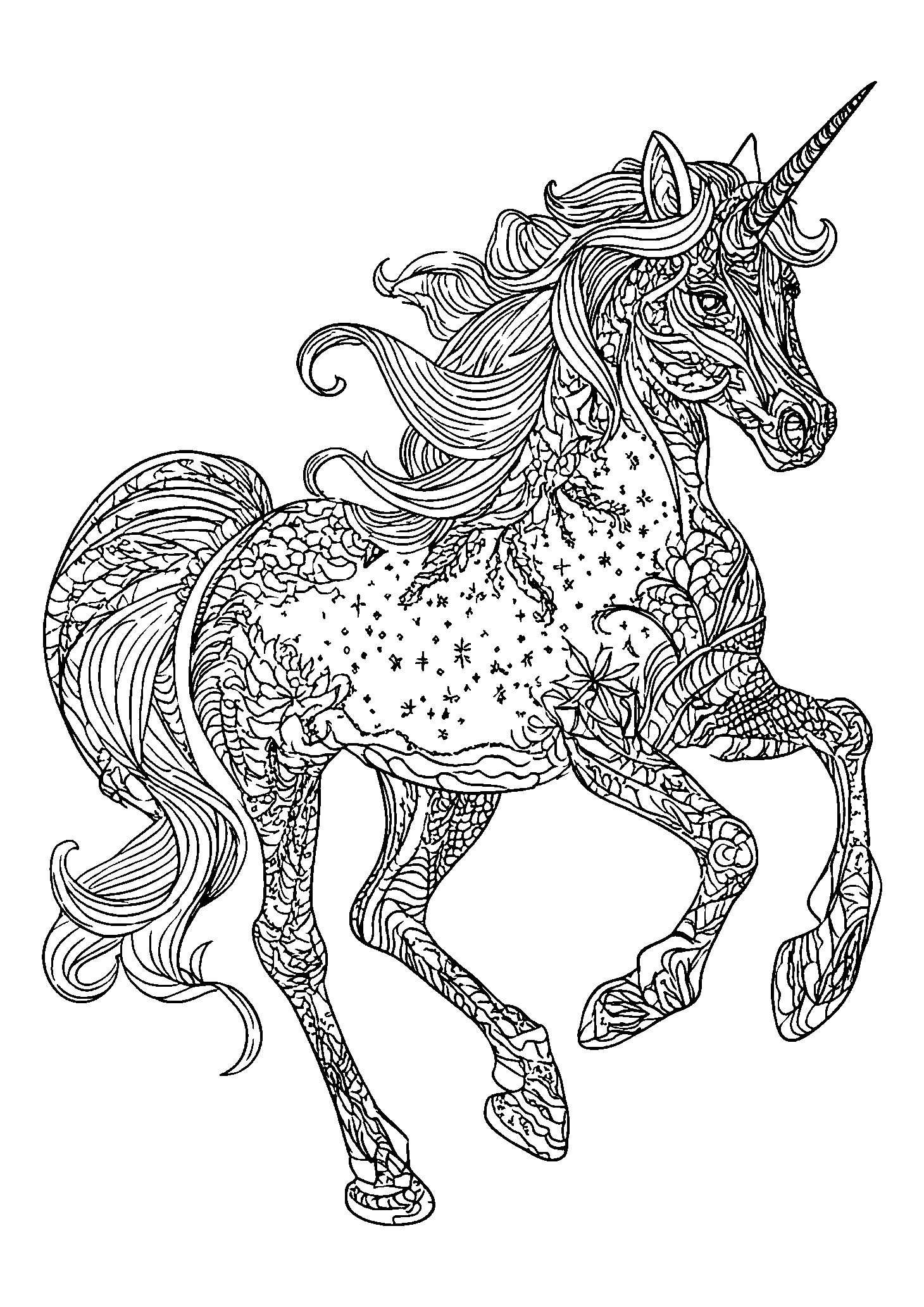 Unicorn with Starry Patterns Galloping at Sunset coloring page