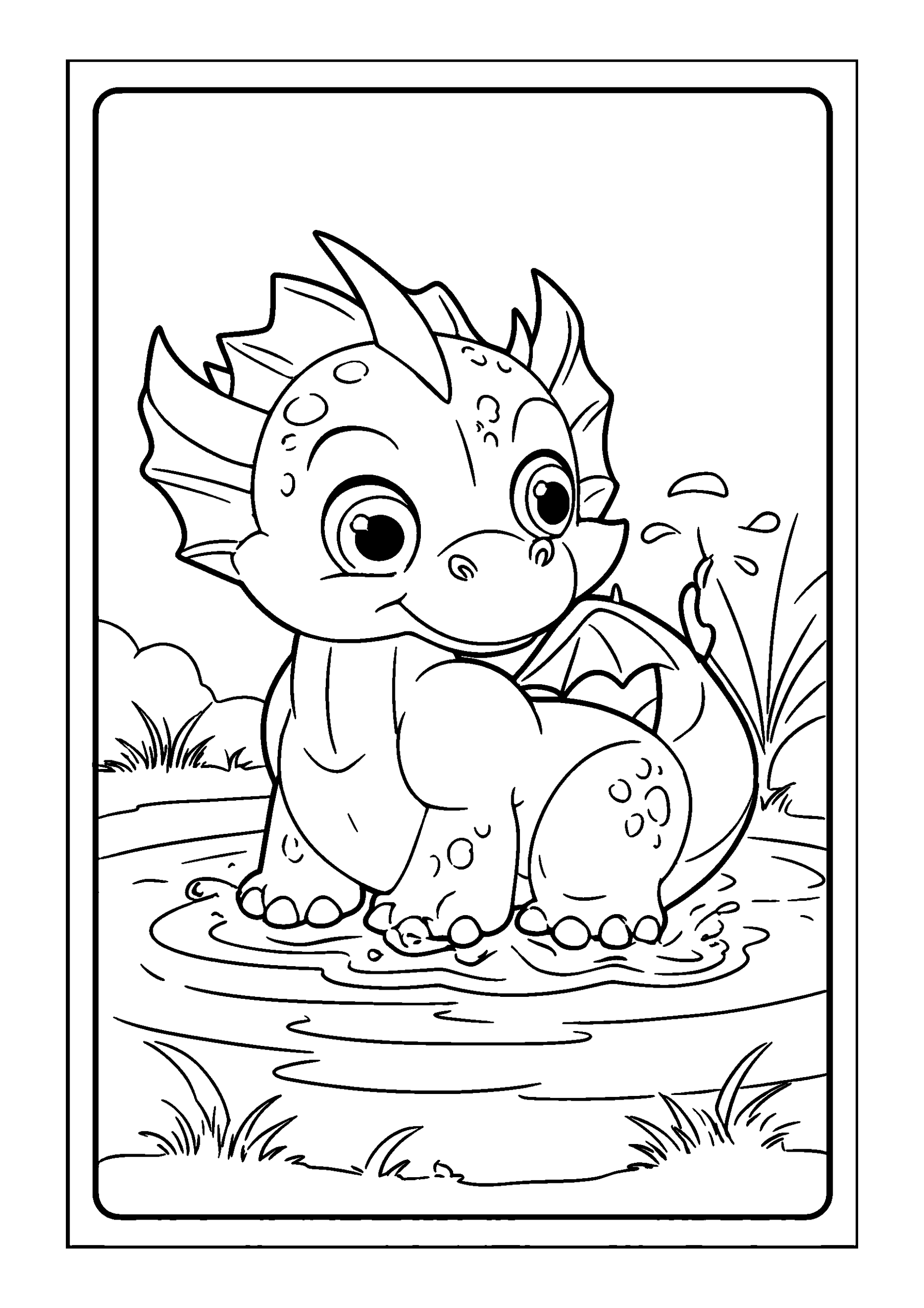Dragon with Playful Eyes Splashing in a Pond coloring page
