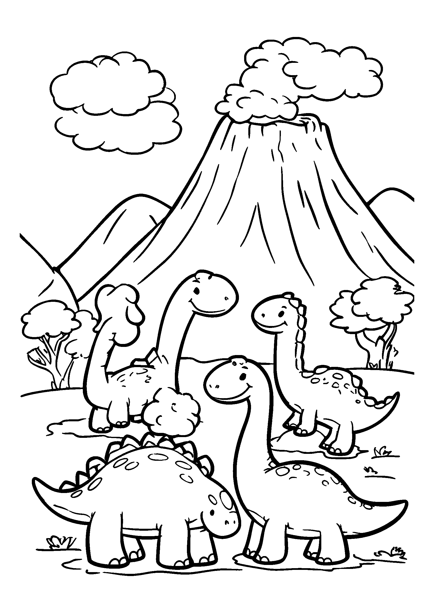 Peaceful Scene of Dinosaurs Near a Volcano coloring page
